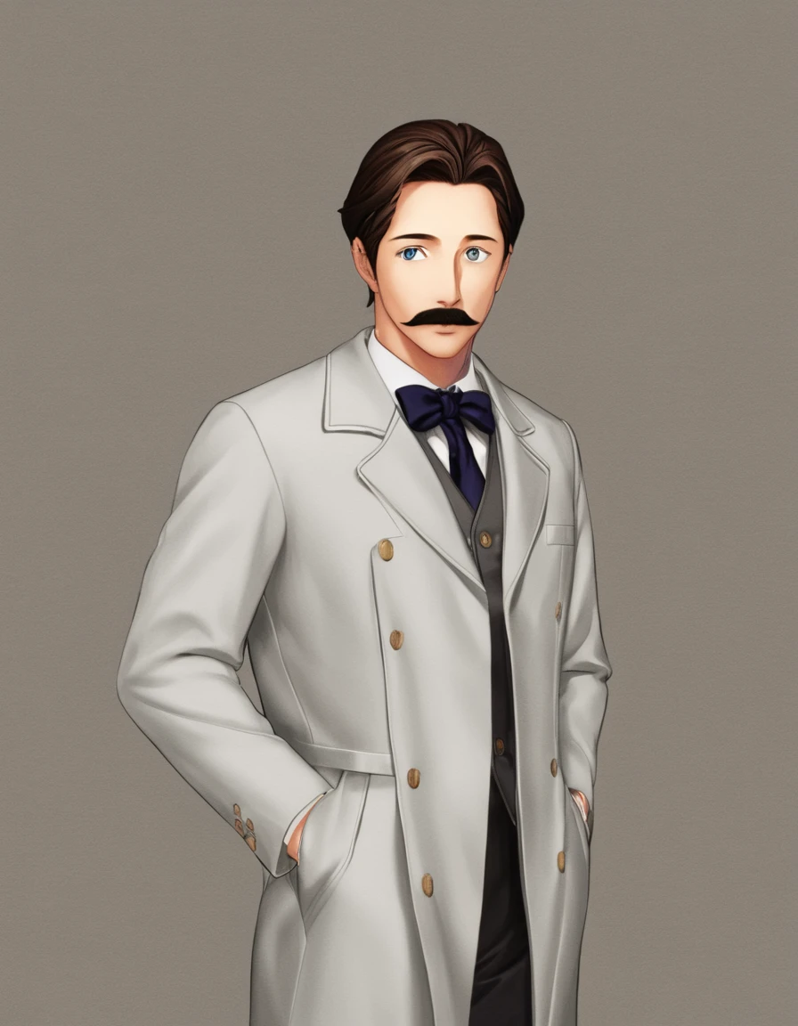 1man, mature male, parted bangs, medium-short hair, brown hair, muscular male celeb, short goatee, short mustache, indigo eyes, gentleman, elegant netori male, dark iris, ideal ratio body proportions, BREAK solo, white collared shirt, gray trench coat, black neck ribbon, upperwaist, BREAK in gentle sasaki style, visual novel, 2010s, extreme all detailed, masterpiece, best quality