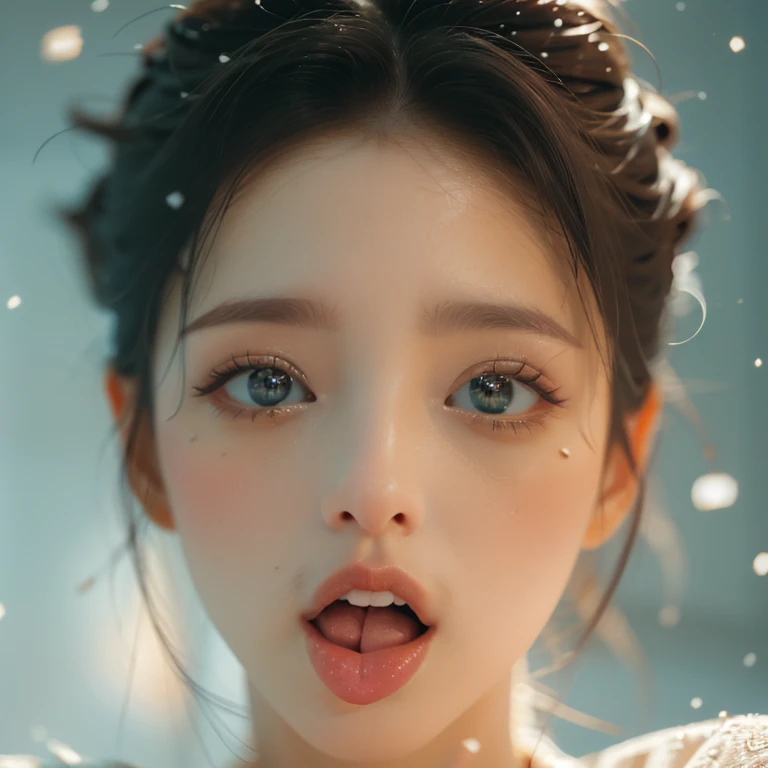 ExtremelyDetailed Kawaii girl Face,(Close-up Sweet lips), glossy lips with beautiful details, Coquettish tongue, Kissing to camera, towards the viewer, 8K TopQuality masterpiece,an extremely delicate and beautiful (ProfessionalPhoto:1.37), {Amazing|finely detail|official art|incredibly absurdres},ultra-detailed close-up shot, close up, (fish eye lens), wide lens, macro lens, Detailed reflective Eyes ElaboratePupils with (sparkling highlights:1.28) (Delicate Voluminous LongEyelashes:0.88), {(Tilted face:1.22)|Visible back of throat|saliva drips|naked shoulder}, (Dripping juice on tongue:1.23) snow particles