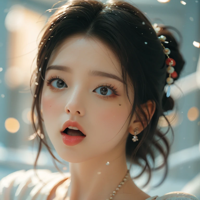 ExtremelyDetailed Kawaii girl Face,(Close-up Sweet lips), glossy lips with beautiful details, Coquettish tongue, Kissing to camera, towards the viewer, 8K TopQuality masterpiece,an extremely delicate and beautiful (ProfessionalPhoto:1.37), {Amazing|finely detail|official art|incredibly absurdres},ultra-detailed close-up shot, close up, (fish eye lens), wide lens, macro lens, Detailed reflective Eyes ElaboratePupils with (sparkling highlights:1.28) (Delicate Voluminous LongEyelashes:0.88), {(Tilted face:1.22)|Visible back of throat|saliva drips|naked shoulder}, (Dripping juice on tongue:1.23) snow particles
