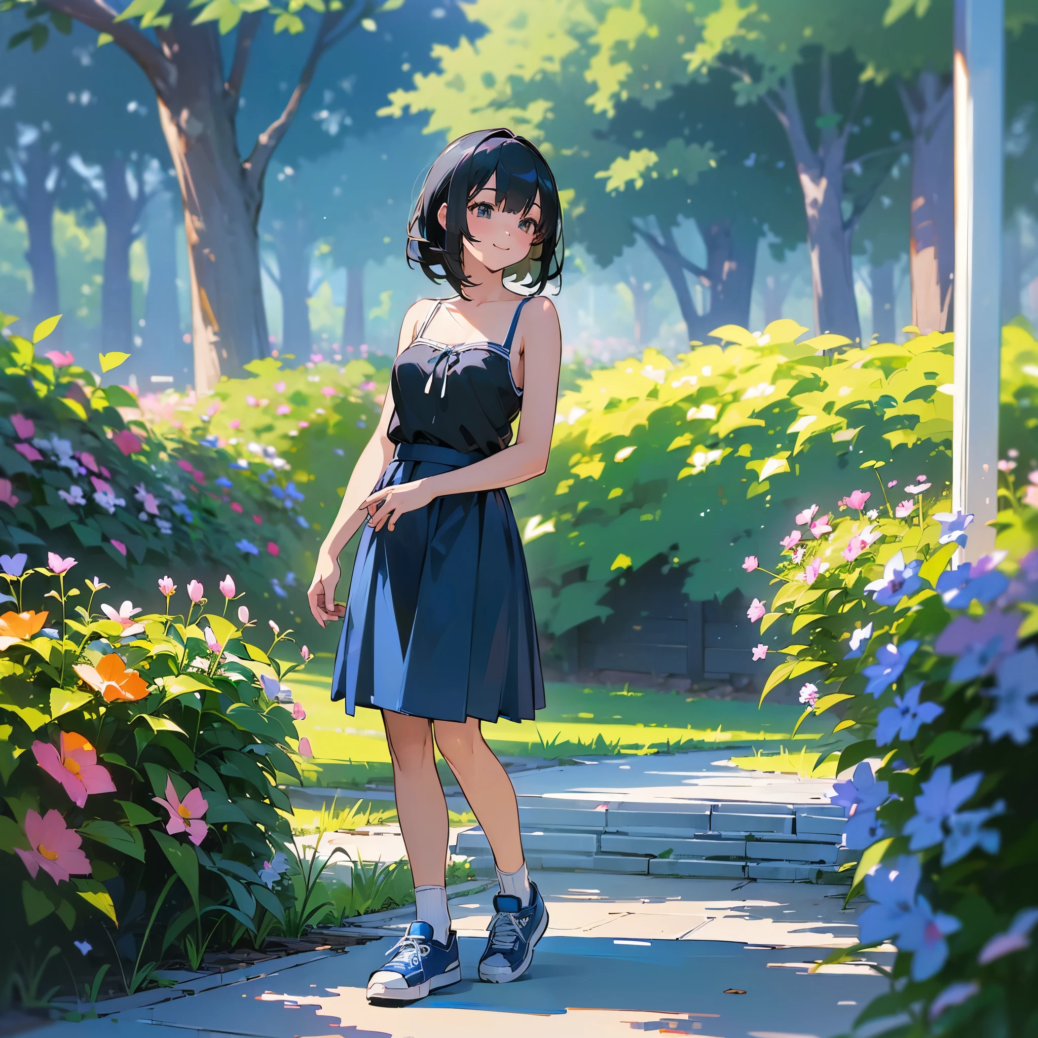 (high quality, High resolution, Very detailed, reality:1.37), Peaceful atmosphere, (Outdoor, garden), age girl standing alone, (my breasts are big.), Beautiful details, Cute Smile, (Black bob hair), camisole, Blue Skirt, Blue socks, sneakers.