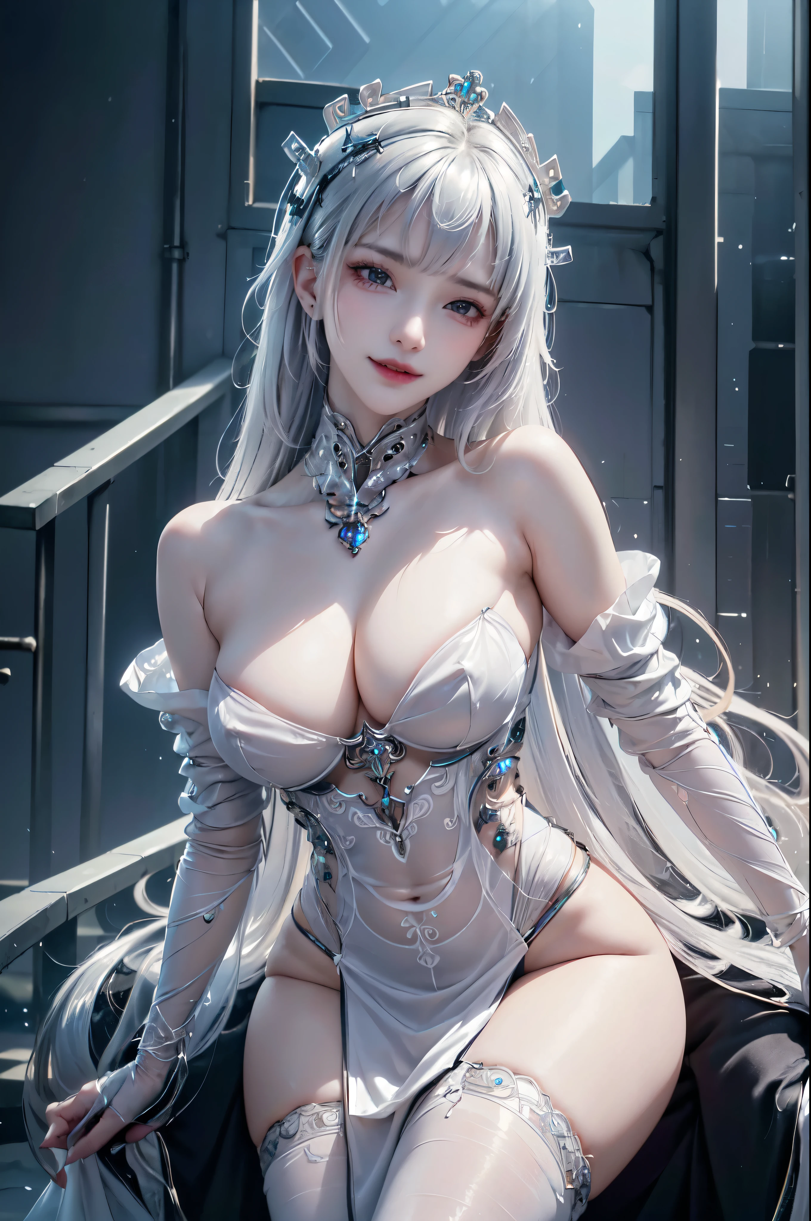 NSFW,((top quality、8k、masterpiece:1.3))Wears a silver-white mech，girl with delicate face，Highest image quality，Ultra-clear，Delicate and clear facial features，end of the world，Mechanical arm，Exquisitely detailed mechanical pattern,cyberpunk characters、numbercity、number、century、throne、