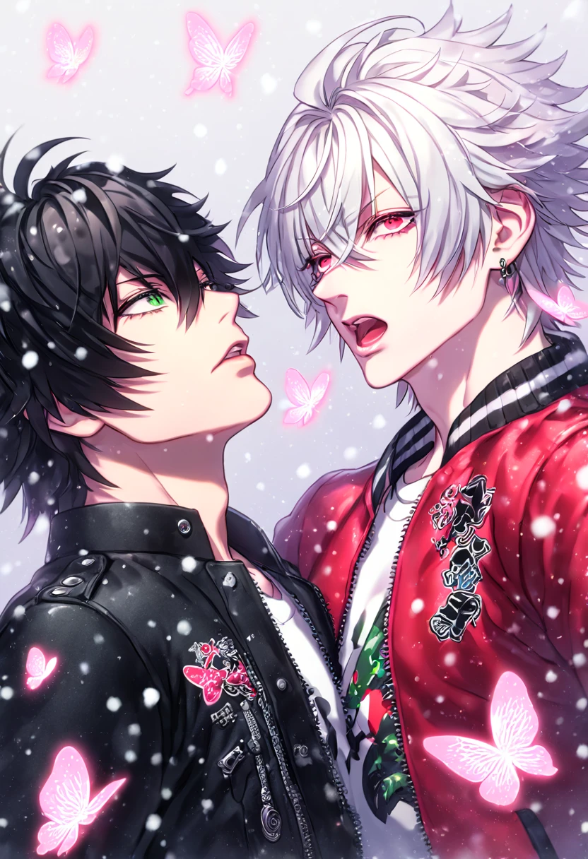 absurdres, highres, ultra detailed, HDR, master piece, best quality, extremely detailed, Aohitsugi Samatoki, chin length white hair, expressive red eyes, long eyelashes, Hypnosis Mic, Yamada Ichiro, chin length black hair, expressive green eyes, black leather jacket, red varsity jacket, two sexy men together, yaoi, gay couple, handsome, fantasy, snow, snowing, pink snowflakes, pink ice butterflies, pink petals, pink ice flowers