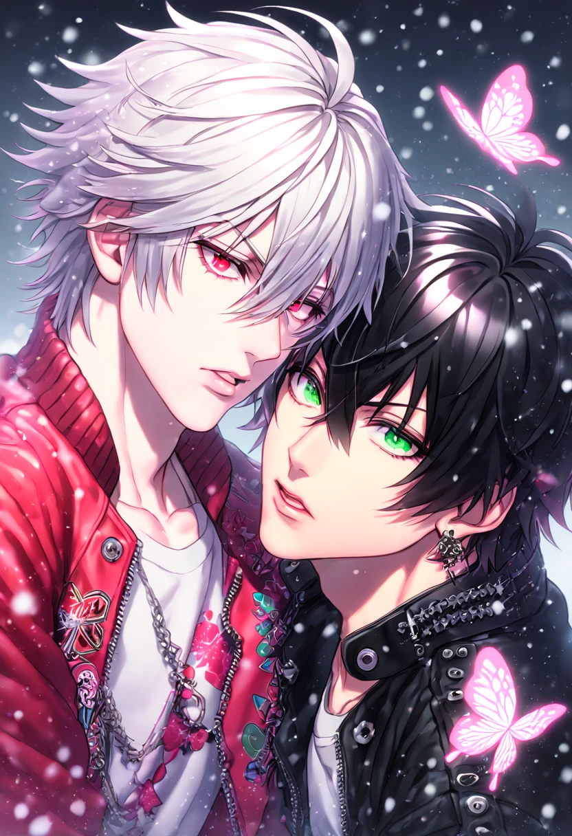 absurdres, highres, ultra detailed, HDR, master piece, best quality, extremely detailed, Aohitsugi Samatoki, chin length white hair, expressive red eyes, long eyelashes, Hypnosis Mic, Yamada Ichiro, chin length black hair, expressive green eyes, black leather jacket, red varsity jacket, two sexy men together, yaoi, gay couple, handsome, fantasy, snow, snowing, pink snowflakes, pink ice butterflies, pink petals, pink ice flowers