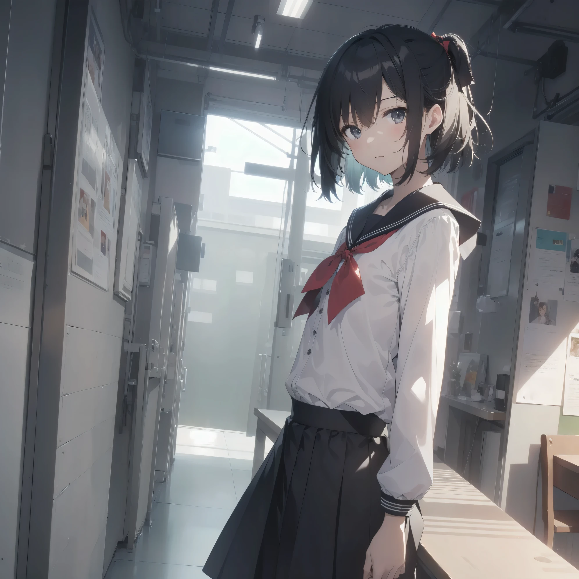 ultra-absurdres-Top quality by artist God, ultra-detailed, high resolution, anime moe artstyle, best anime 8k konachan wallpaper, pixiv contest winner, pool:2810, perfect anatomy,break, 1girl, (Please draw a girl walking sleepily to school alone. )break,(Solo,little female, 13-year-old:1.3),Full limbs, complete fingers,a junior high school student, (very short hair), short cut, flat chest, , small butt, small black eyes, beautiful detailed eyes, well-proportioned iris and pupils, expressive eyes, highres detailed hair, soft expression, salor school_uniform, sailor collar, serahuku, bow, pleated skirt,(Detailed Lighting), (Detailed background), in the School commute route. break,super detailed skin, Best cinematic lighting powered by famous artist, 8k,beauty illustration,photoshop_(medium),very aesthetic,break,((artist:haruhisky )), artist:clamp ,artist:carnelian ,artist:kantoku ,