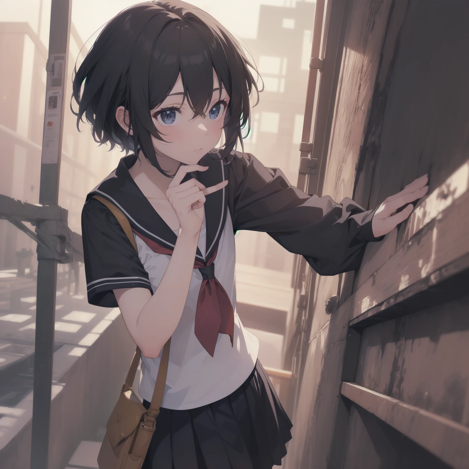 ultra-absurdres-Top quality by artist God, ultra-detailed, high resolution, anime moe artstyle, best anime 8k konachan wallpaper, pixiv contest winner, pool:2810, perfect anatomy,break, 1girl, (Please draw a girl walking sleepily to school alone. )break,(Solo,little female, 13-year-old:1.3),Full limbs, complete fingers,a junior high school student, (very short hair), short cut, flat chest, , small butt, small black eyes, beautiful detailed eyes, well-proportioned iris and pupils, expressive eyes, highres detailed hair, soft expression, salor school_uniform, sailor collar, serahuku, bow, pleated skirt,(Detailed Lighting), (Detailed background), in the School commute route. break,super detailed skin, Best cinematic lighting powered by famous artist, 8k,beauty illustration,photoshop_(medium),very aesthetic,break,((artist:haruhisky )), artist:clamp ,artist:carnelian ,artist:kantoku ,