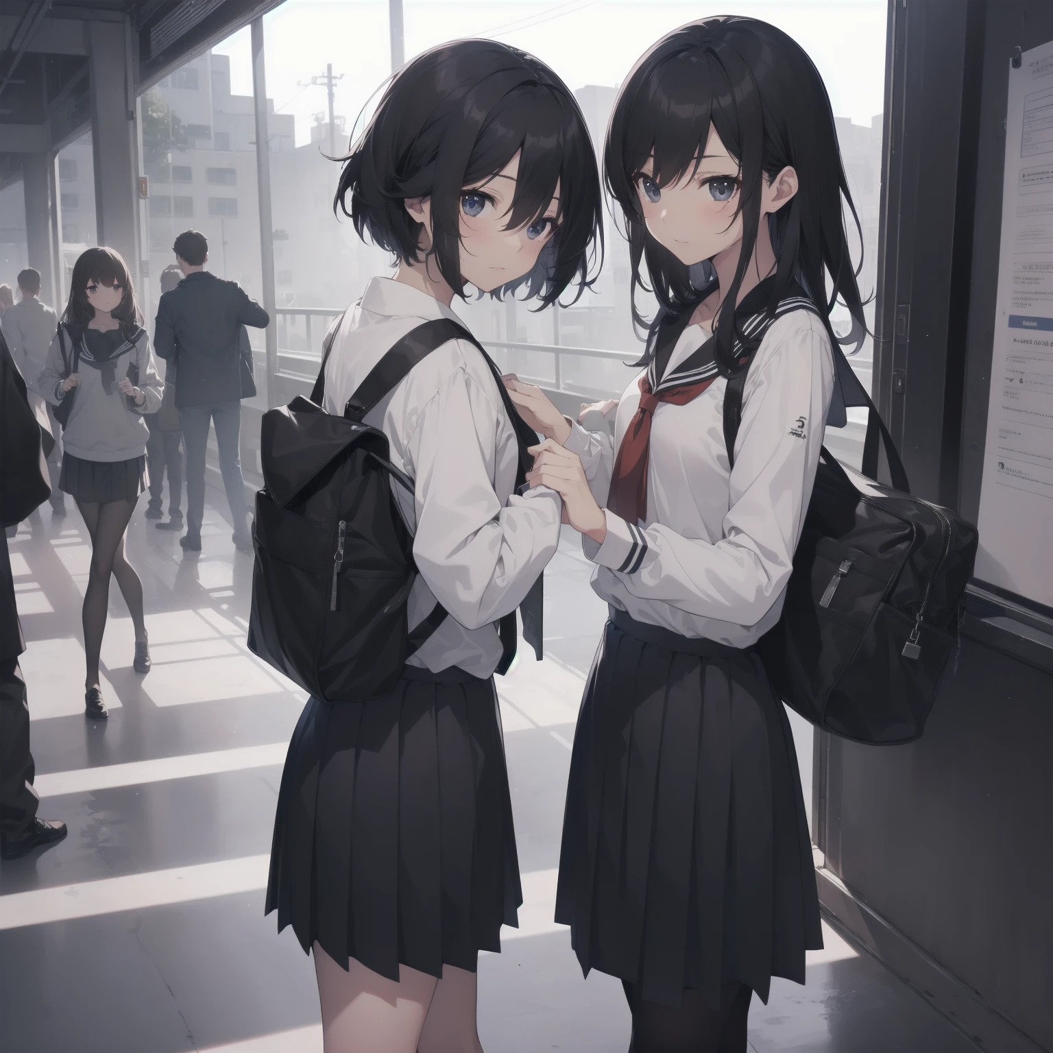 ultra-absurdres-Top quality by artist God, ultra-detailed, high resolution, anime moe artstyle, best anime 8k konachan wallpaper, pixiv contest winner, pool:2810, perfect anatomy,break, 1girl, (Please draw a girl walking sleepily to school alone. )break,(Solo,little female, 13-year-old:1.3),Full limbs, complete fingers,a junior high school student, (very short hair), short cut, flat chest, , small butt, small black eyes, beautiful detailed eyes, well-proportioned iris and pupils, expressive eyes, highres detailed hair, soft expression, salor school_uniform, sailor collar, serahuku, bow, pleated skirt,(Detailed Lighting), (Detailed background), in the School commute route. break,super detailed skin, Best cinematic lighting powered by famous artist, 8k,beauty illustration,photoshop_(medium),very aesthetic,break,((artist:haruhisky )), artist:clamp ,artist:carnelian ,artist:kantoku ,
