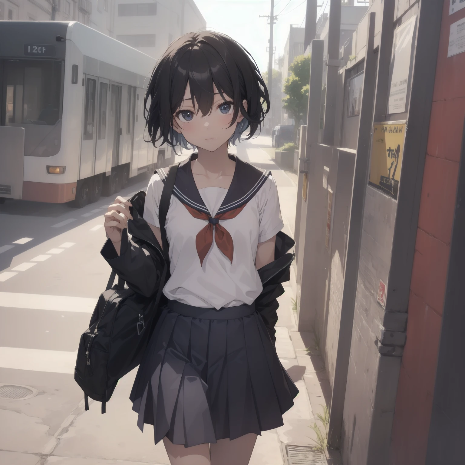 ultra-absurdres-Top quality by artist God, ultra-detailed, high resolution, anime moe artstyle, best anime 8k konachan wallpaper, pixiv contest winner, pool:2810, perfect ???????,break, 1girl, (Please draw a girl walking sleepily to school alone. )break,(Solo,little female, 13-year-old:1.3),Full limbs, complete fingers,a junior high school student, (very short hair), short cut, flat chest, , small butt, small black eyes, beautiful detailed eyes, well-proportioned iris and pupils, expressive eyes, highres detailed hair, soft expression, salor school_uniform, sailor collar, serahuku, bow, pleated skirt,(Detailed Lighting), (Detailed background), in the School commute route. break,super detailed skin, Best cinematic lighting powered by famous artist, 8k,beauty illustration,photoshop_(medium),very aesthetic,break,((artist:haruhisky )), artist:clamp ,artist:carnelian ,artist:kantoku ,