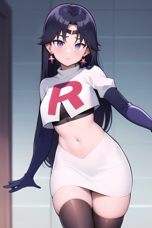 ReiHino, long hair, circlet, jewelry, kizukiAI, mature woman, crescent earrings, team rocket,team rocket uniform,white skirt,red letter R,crop top,black thigh-highs,black elbow gloves, earrings,