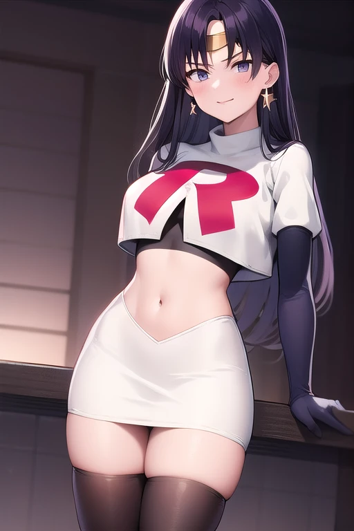 ReiHino, long hair, circlet, jewelry, kizukiAI, mature woman, crescent earrings, team rocket,team rocket uniform,white skirt,red letter R,crop top,black thigh-highs,black elbow gloves, earrings,