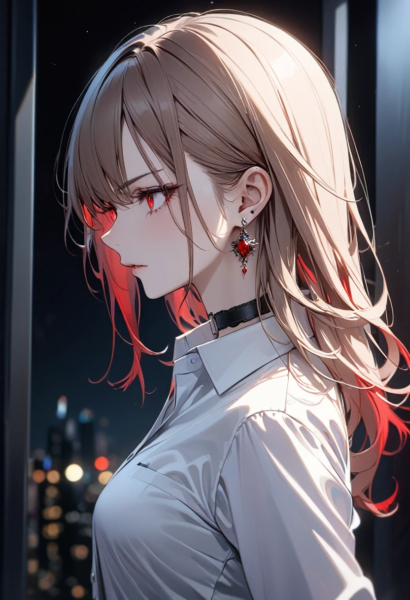 best quality, super_delicate, ultra detailed, beautiful, 8k , 1girl, red eyes, evil, facial profile, business shirt, skirt, earrings, choker, black tights, night