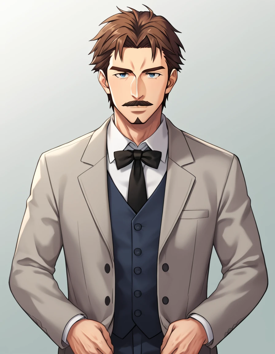 1man, mature male, parted bangs, medium-short hair, brown hair, muscular male celeb, short goatee, short mustache, indigo eyes, gentleman, elegant netori male, dark iris, ideal ratio body proportions, BREAK solo, white collared shirt, gray trench coat, black neck ribbon, upperwaist, BREAK in gentle sasaki style, visual novel, 2010s, extreme all detailed, masterpiece, best quality
