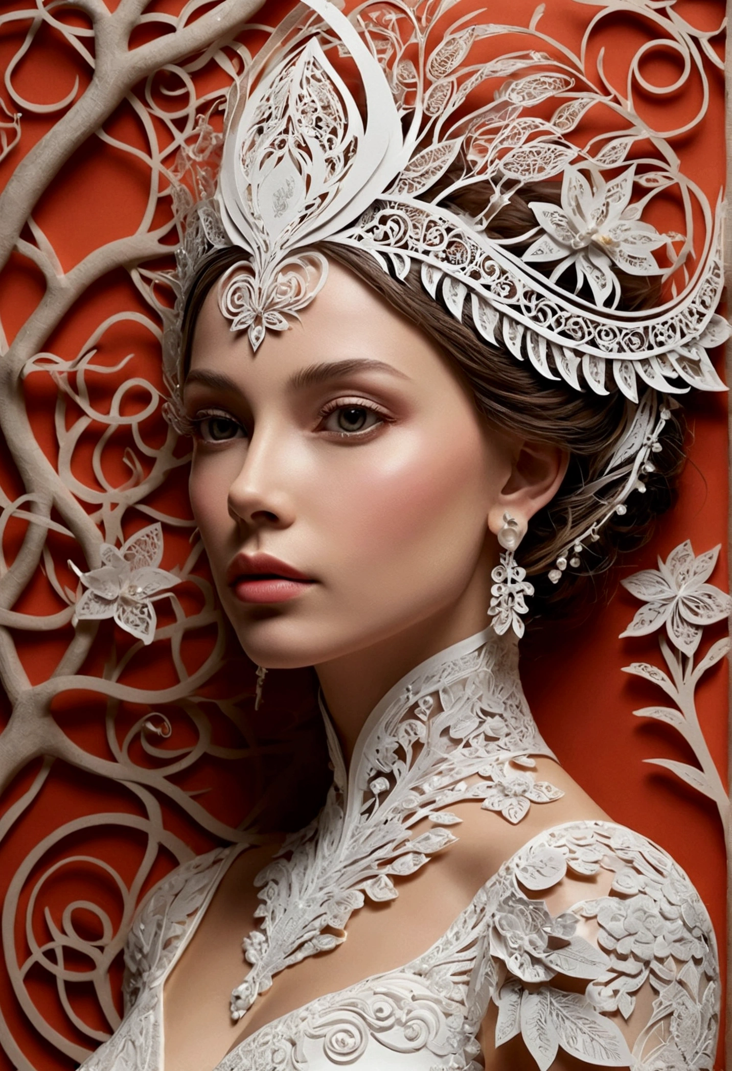 (((paper cut art,flat oco。)))Photos of women in the art of decorating wedding dresses, Artistically, composto...Made , Carol Buck-Ude, Layered art, Detailed clothes and face shape, goddesses. extreme hight detail, Very detailed woman, detailed woman, Intricate reality fantasy, imaginative. Intricate, intricate beauty, intricate artwork, Complex portraits