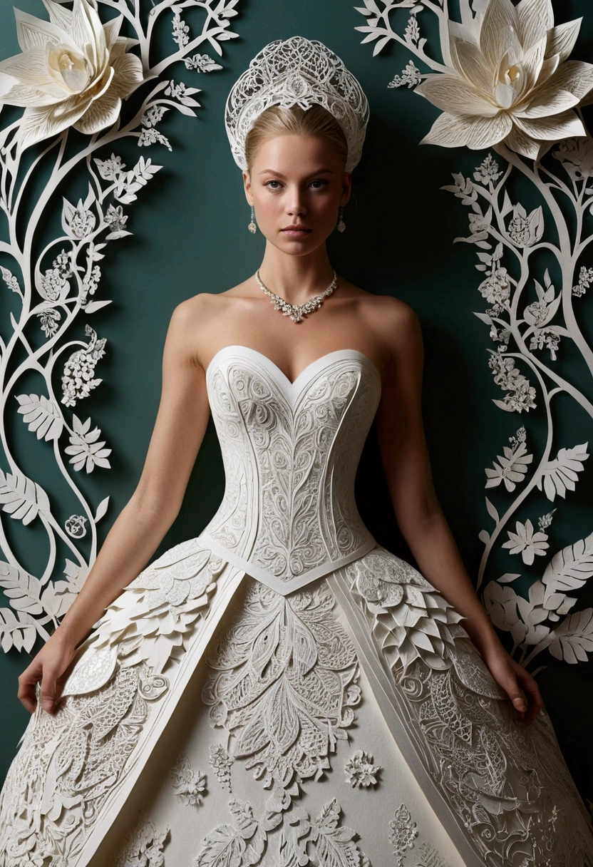 (((paper cut art,flat oco。)))Photos of women in the art of decorating wedding dresses, Artistically, composto...Made , Carol Buck-Ude, Layered art, Detailed clothes and face shape, goddesses. extreme hight detail, Very detailed woman, detailed woman, Intricate reality fantasy, imaginative. Intricate, intricate beauty, intricate artwork, Complex portraits