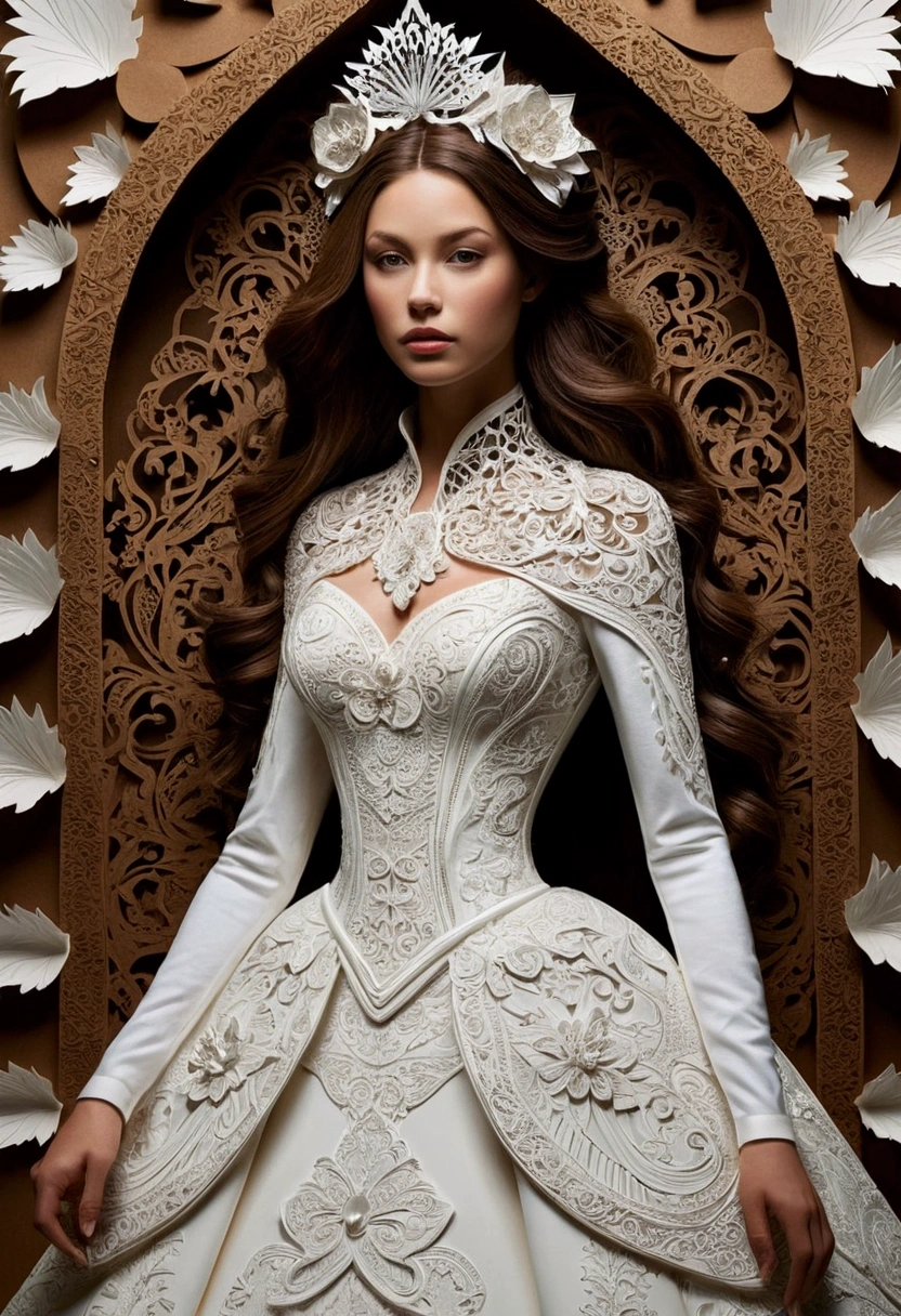 （（（paper cut art，flat oco。）））Photos of women in the art of decorating wedding dresses,  Artistically, composto...Made , Carol Buck-Ude, Layered art, Detailed clothes and face shape, goddesses. extreme hight detail, Very detailed woman, detailed woman, Intricate reality fantasy, imaginative. Intricate, intricate beauty, intricate artwork, Complex portraits