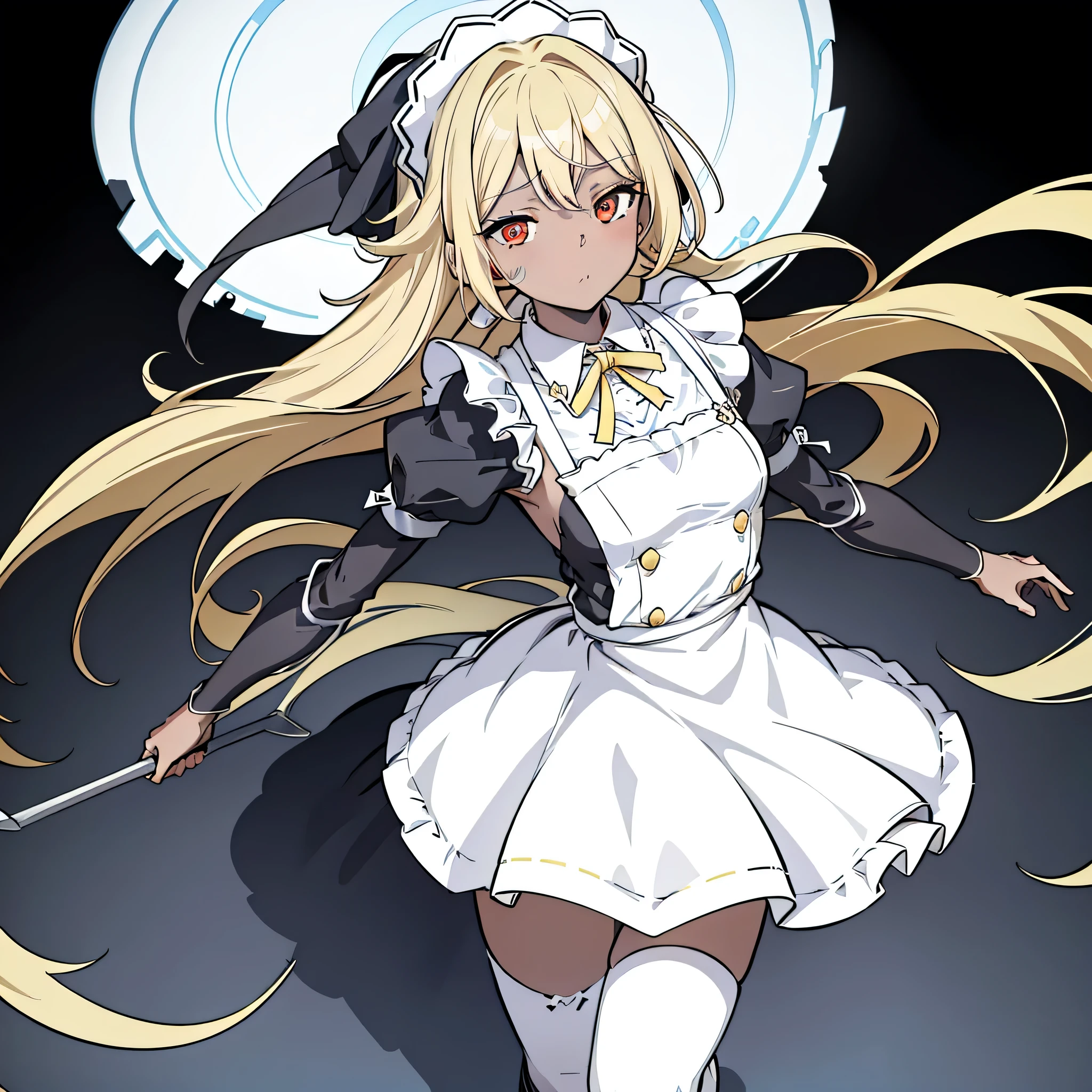 1girl, (dynamic angle),(dynamic pose),dark skin,red eyes,yellow medium hair,messy hair,
 maid, bonnet, thighhighs,, masterpiece, best quality, highly detailed,