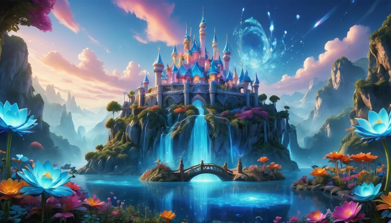 amusement park,There is a big light blue castle,Surreal and exotic landscapes，Beautiful everywhere、Vibrant、colorful。On the screen々Strange alien flowers of all shapes and sizes are projected。Best image quality，Resolution is 4K or 8K，Capture every detail perfectly。The pictures are very detailed，Presented in a realistic way，Delivering a truly immersive experience。This work combines illustration techniques with 3D rendering..，Visually stunning、A work of excellent craftsmanship。Bright colors，Enhance the surreal atmosphere of the landscape。The lighting design is very detailed，Expressing complex changes in light and shadow，Add layers and depth to your scenes。This work arouses curiosity and awe in the viewer.。.。，Take your audience into a magical, surreal world，Where natural beauty takes on a whole new meaning。