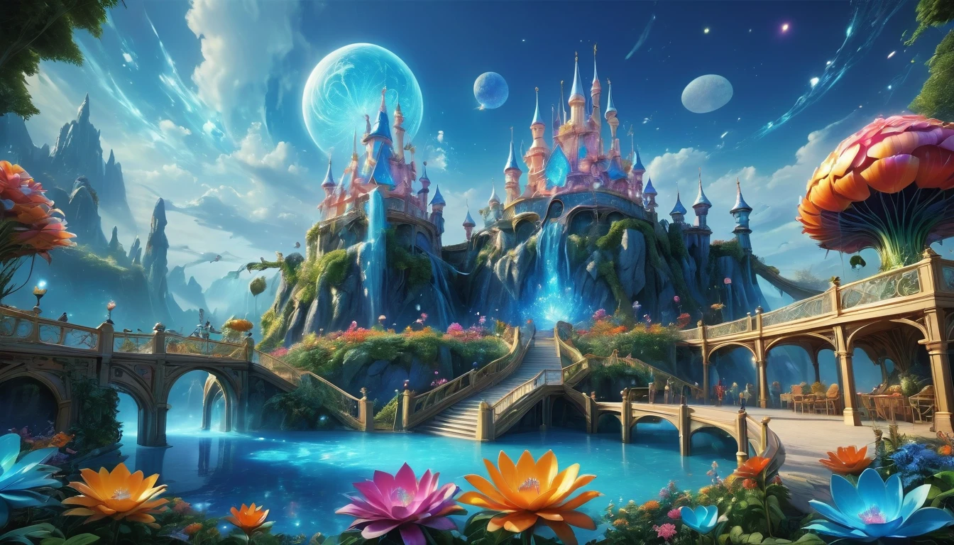 amusement park,There is a big light blue castle,Surreal and exotic landscapes,Beautiful everywhere、Vibrant、colorful。On the screen々Strange alien flowers of all shapes and sizes are projected。Best image quality,Resolution is 4K or 8K,Capture every detail perfectly。The pictures are very detailed,Presented in a realistic way,Delivering a truly immersive experience。This work combines illustration techniques with 3D rendering..,Visually stunning、A work of excellent craftsmanship。Bright colors,Enhance the surreal atmosphere of the landscape。The lighting design is very detailed,Expressing complex changes in light and shadow,Add layers and depth to your scenes。This work arouses curiosity and awe in the viewer.。.。,Take your audience into a magical, surreal world,Where natural beauty takes on a whole new meaning。