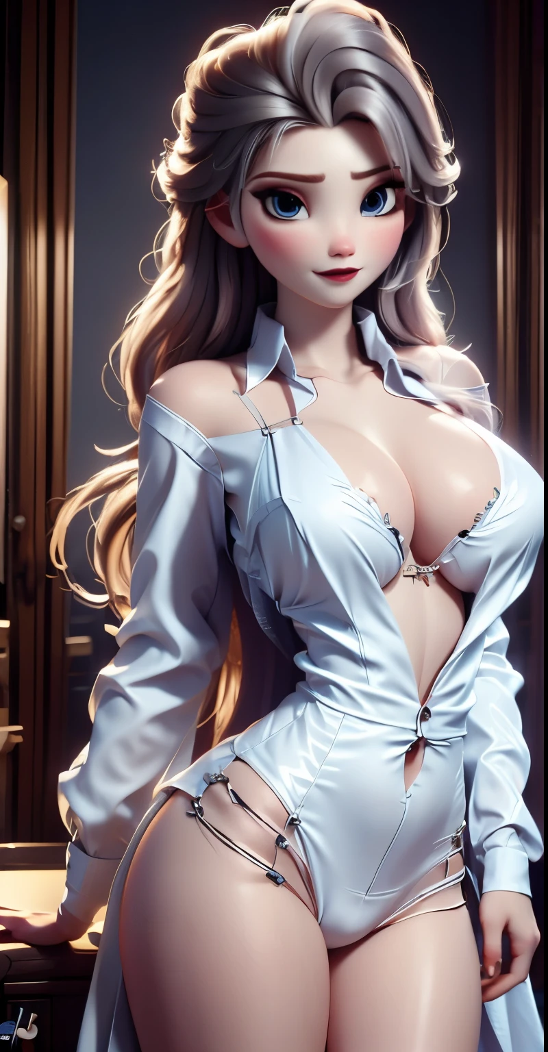 Elsa,chubby face,invent,face detail,blush,purple eye shadow, rose in hair,arise from,simple background, looking to the side,half shirt, White dress, No blouse, without bra, visible peak on chest, (big tits) (big breasts) (Fully exposed chest) ( naked and visible nipple) (big tits) (big breasts) (Fully exposed chest) ( naked and visible nipple) big tits) (big breasts) (Fully exposed chest) ( naked and visible nipple