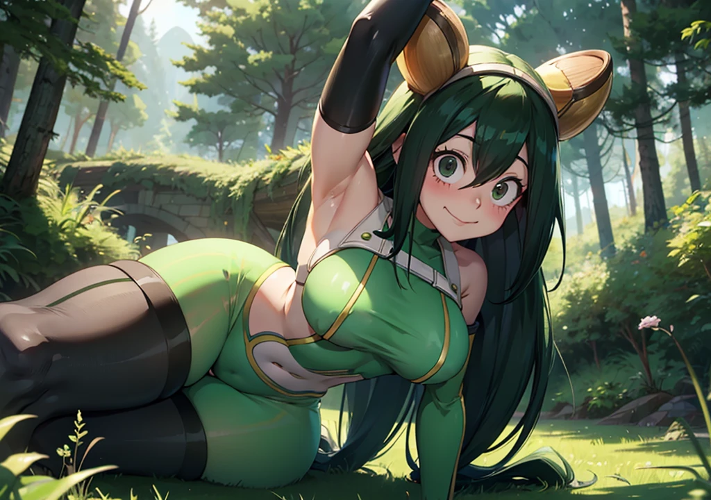 Beru Asui from My Hero Academia, Tsuyu Asui's mom, My Hero Acedemia style, wide hips, sexy, skinny,long hair, Showing armpits and pussy half naked, forest background, laying smiling.