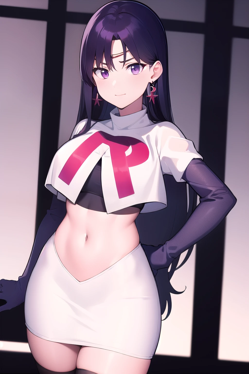 ReiHino, long hair, circlet, jewelry, kizukiAI, mature woman, crescent earrings, team rocket,team rocket uniform,white skirt,red letter R,crop top,black thigh-highs,black elbow gloves, earrings,