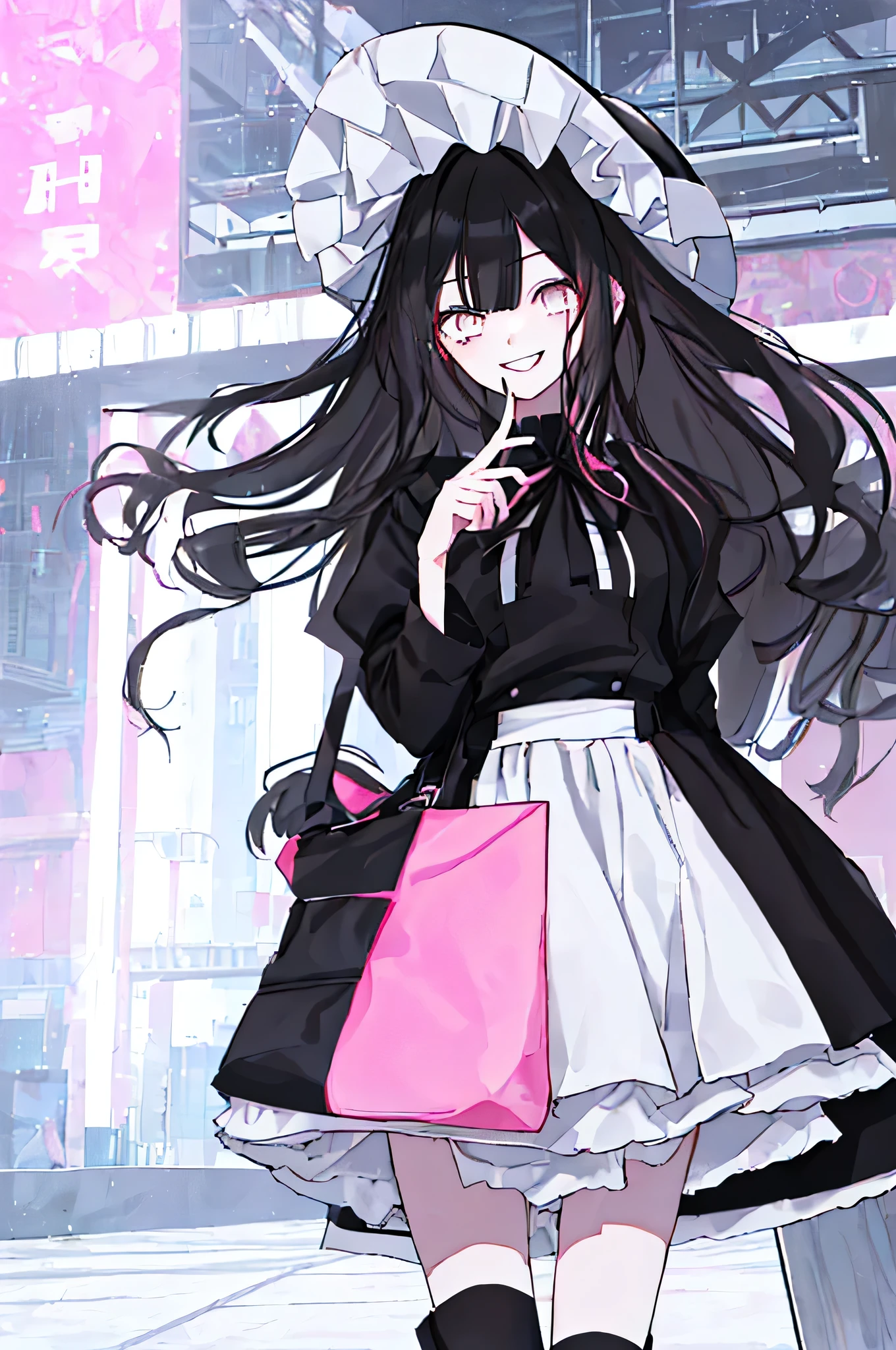 (solo), (girl),(((adult))), (pink eyes),(black long hair),(blunt bangs),(+perfect hand+:1.21),(Draw an illustration of cute girl),(slender),white skin,(white and black maid clothes),laugh,smile,((((adult)))),standing , black and white clothes,((black long hair)),((black long hair)),((black long hair)),((black long hair)),((dynamic angle)),(dynamic pose),party hall,evil smile,((city background)),((walk in from far away)),