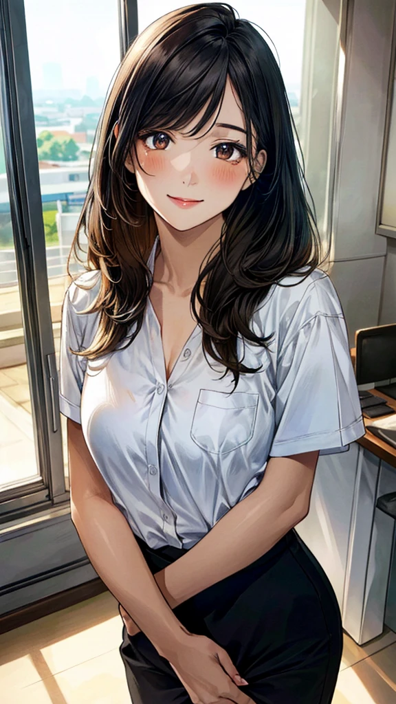 (masterpiece:1.3, Highest quality, Ultra-high resolution, Super detailed), (Realistic, photoRealistic:1.4), Beautiful illustrations, Perfect lighting, Natural light, colorful, Depth of written boundary, Surrealism,
Beautiful detailed hair, Beautifully detailed face, Beautiful attention to detail, Beautiful clavicle, Beautiful body, Beautiful breasts, Beautiful thighs, Beautiful feet, Beautiful fingers, Glowing Skin,
View your viewers, 1 girl, Japanese, secretary, (Perfect Anatomy, Anatomically correct, Highly detailed skin), Cute and symmetrical face, Baby Face, Perfect Face, Perfect Eyes, thin,
(Long Hair:1.8, Straight hair, Black Hair), Swept-apart bangs, Chestnut brown eyes, Slanted Eyes, Long eyelashes, (Medium chest, Captivating thighs),
((Detailed cloth texture, Clean office casual look)),
(Beautiful views), noon, (Private room in the office), Are standing, (Cute smile, Upward glance),have a liking for