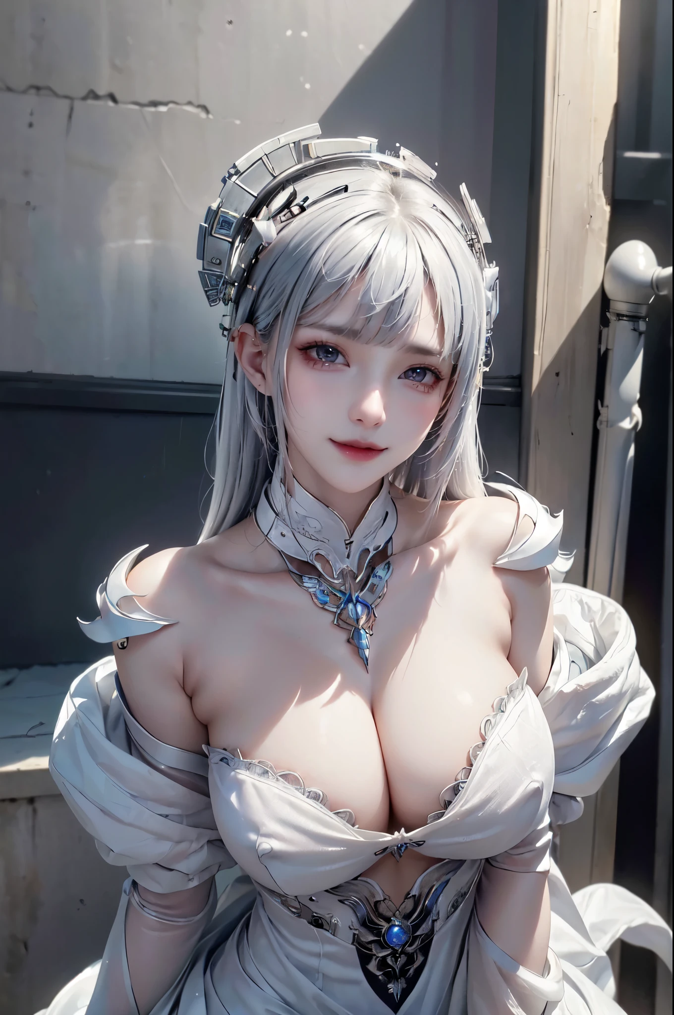 NSFW,((top quality、8k、masterpiece:1.3))Wears a silver-white mech，girl with delicate face，Highest image quality，Ultra-clear，Delicate and clear facial features，end of the world，Mechanical arm，Exquisitely detailed mechanical pattern,cyberpunk characters、numbercity、number、century、throne、