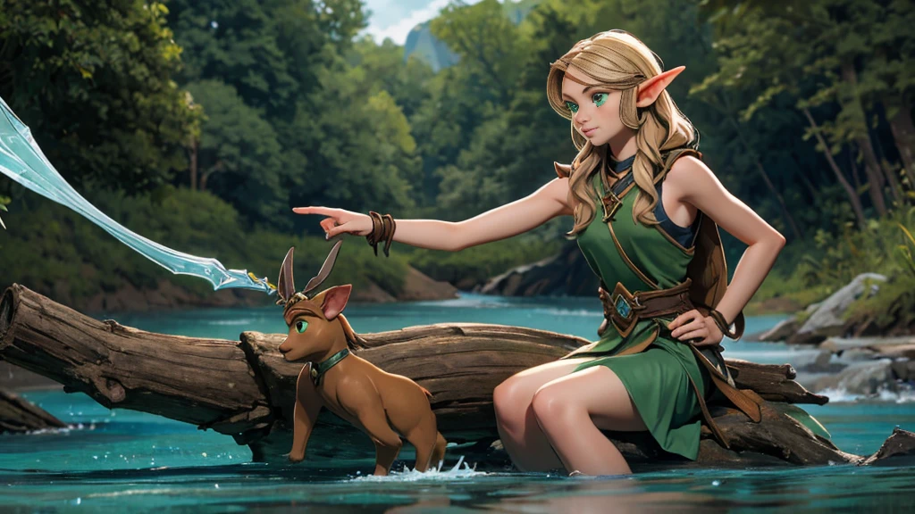 Photo of Arwen, a 15 year old elf, 1.50 meters tall, weighing 39 kilos, small and light, light brown hair and blonde highlights, expressive green eyes, wearing a sleeveless green silk selathemar open in the front with just a strap brown leather, with a small dagger hanging from his waist and brown shoes. She is sitting with her hands behind her on the edge of a crystal clear river.