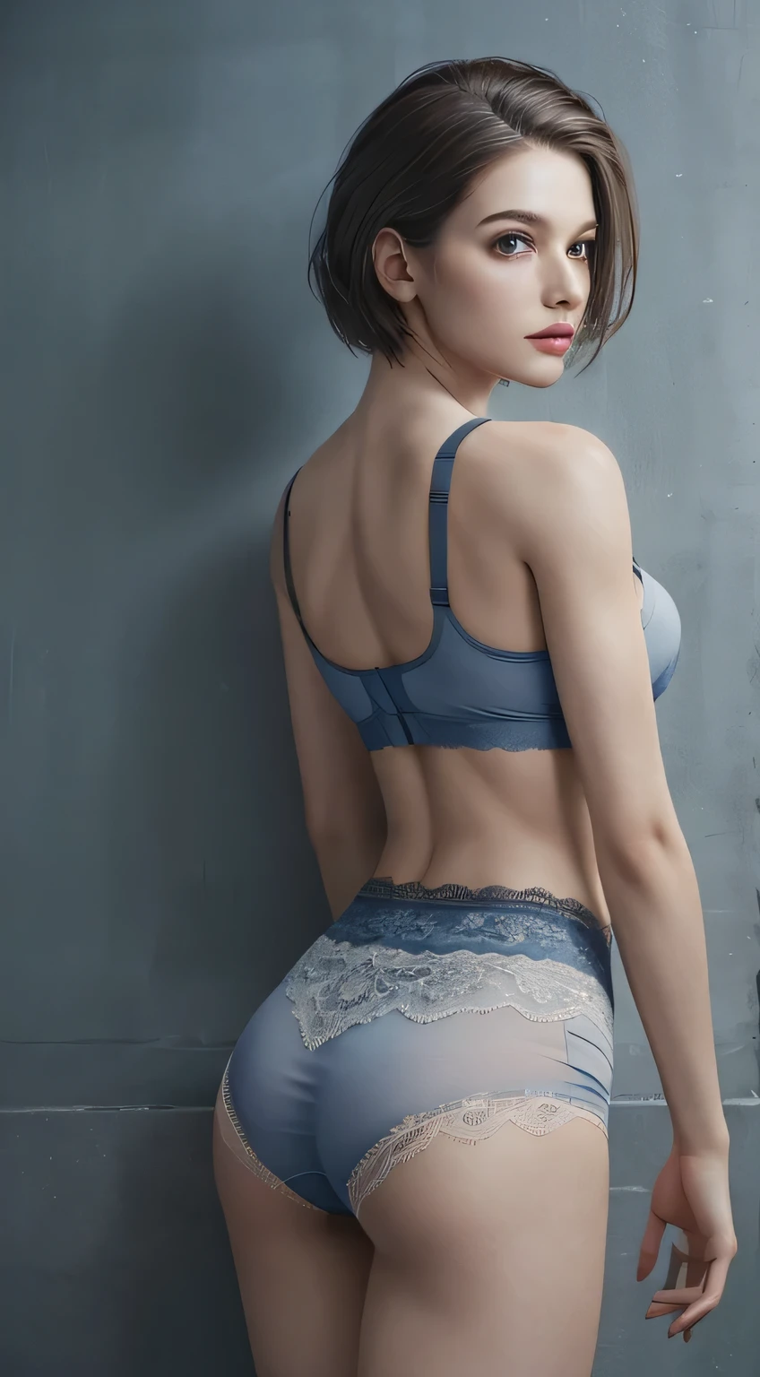 jill valentine,Natural light, masterpiece, Very detailedな,Absurd,Highest quality,Very detailed,Detailed face,Particles of light, Lighting, (Very detailed:1.2),(Detailed face:1.2), (Gradation), software, colorful,(Big eyes:1.2),storehouse,Age 17,(((slim, Tight waist, Thin thighs,Thin arms,Very small breasts))),((Cute lace tight panties with attention to detail,A tight bra with cute lace and attention to detail,forward leaning posture,View from behind)),((Put your hands on the wall))