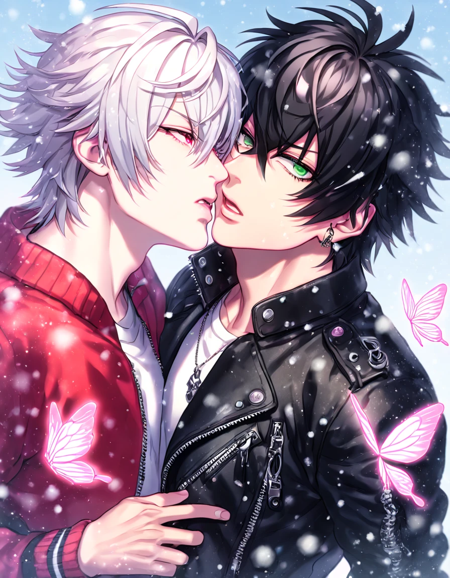absurdres, highres, ultra detailed, HDR, master piece, best quality, extremely detailed, Aohitsugi Samatoki, chin length white hair, expressive red eyes, long eyelashes, Hypnosis Mic, Yamada Ichiro, chin length black hair, expressive green eyes, black leather jacket, red varsity jacket, two sexy men together, yaoi, gay couple, handsome, fantasy, snow, snowing, pink snowflakes, pink ice butterflies, pink petals, pink ice flowers, blue sky