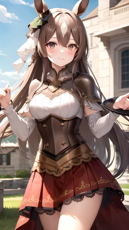 masterpiece, best quality, highres, {{8k}},
BREAK,
aasato, long hair, half updo, braid, hair between eyes, animal ears, ear ornament, medium breasts, plate armor, long red skirt, cowboy shot, shy smile, blush, cute, wide hips, busty,
BREAK,
outdoor, castle,