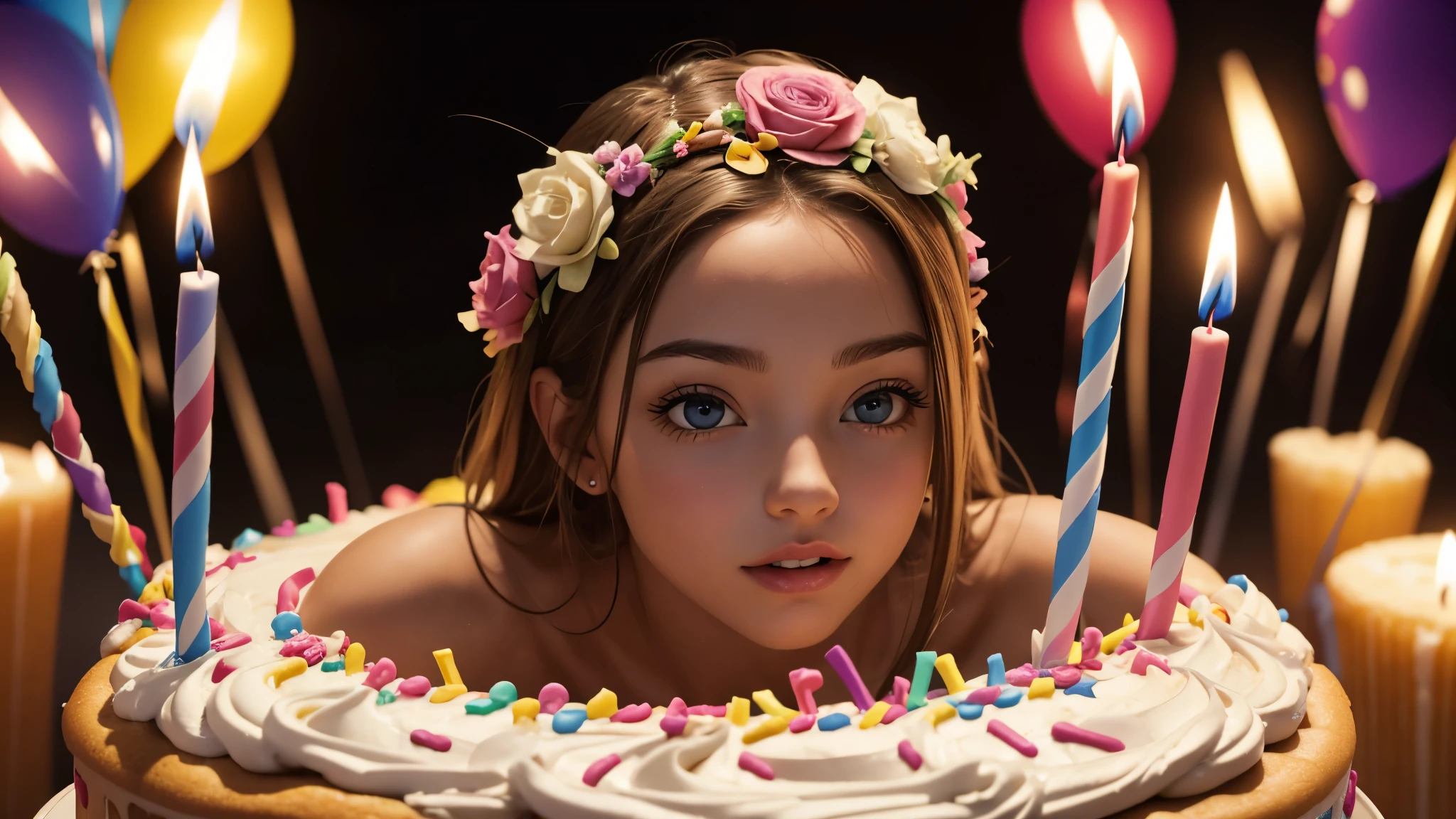 High Definition. Naked woman comes out of a birthday cake. The cake is open at the top and the woman comes out from inside.