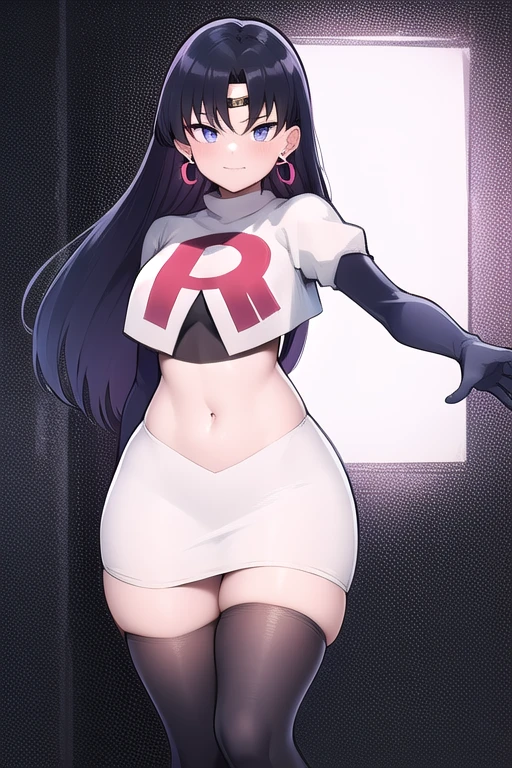 ReiHino, long hair, circlet, jewelry, kizukiAI, mature woman, crescent earrings, team rocket,team rocket uniform,white skirt,red letter R,crop top,black thigh-highs,black elbow gloves, earrings,
