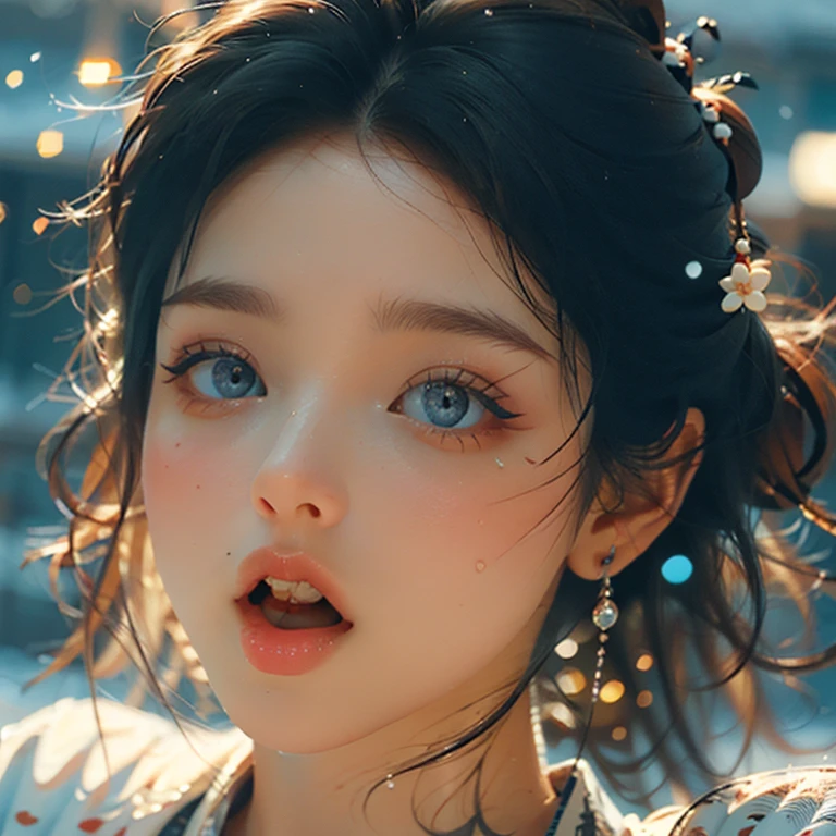ExtremelyDetailed Kawaii girl Face,(Close-up Sweet lips), glossy lips with beautiful details, Coquettish tongue, Kissing to camera, towards the viewer, 8K TopQuality masterpiece,an extremely delicate and beautiful (ProfessionalPhoto:1.37), {Amazing|finely detail|official art|incredibly absurdres},ultra-detailed close-up shot, close up, (fish eye lens), wide lens, macro lens, Detailed reflective Eyes ElaboratePupils with (sparkling highlights:1.28) (Delicate Voluminous LongEyelashes:0.88), {(Tilted face:1.22)|Visible back of throat|saliva drips|naked shoulder}, (Dripping juice on tongue:1.23) snow particles