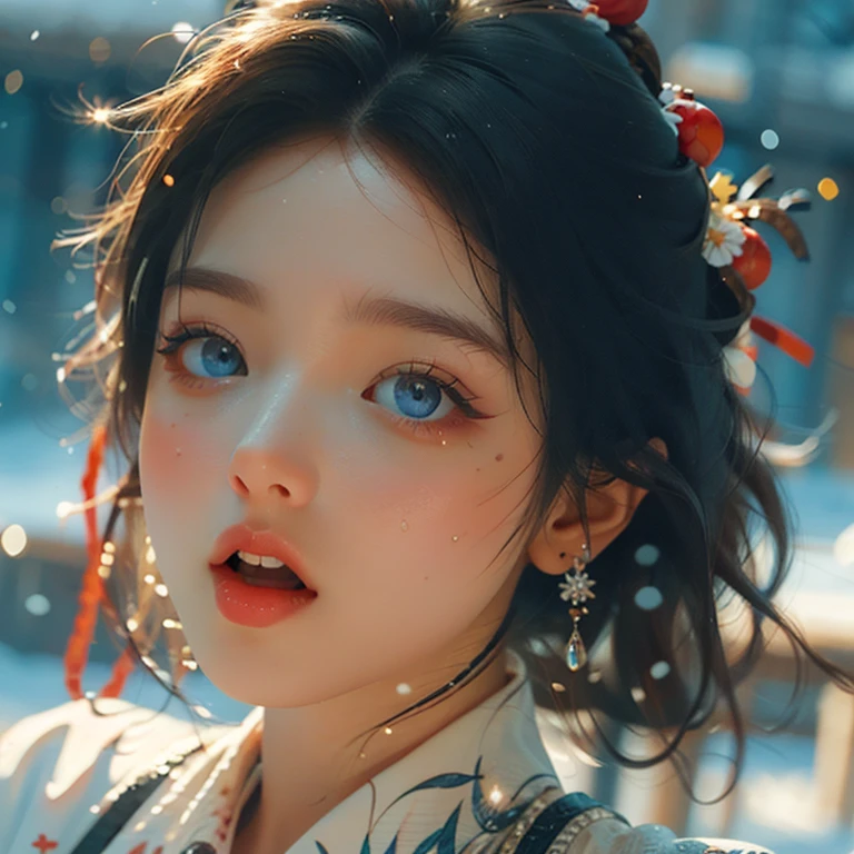 ExtremelyDetailed Kawaii girl Face,(Close-up Sweet lips), glossy lips with beautiful details, Coquettish tongue, Kissing to camera, towards the viewer, 8K TopQuality masterpiece,an extremely delicate and beautiful (ProfessionalPhoto:1.37), {Amazing|finely detail|official art|incredibly absurdres},ultra-detailed close-up shot, close up, (fish eye lens), wide lens, macro lens, Detailed reflective Eyes ElaboratePupils with (sparkling highlights:1.28) (Delicate Voluminous LongEyelashes:0.88), {(Tilted face:1.22)|Visible back of throat|saliva drips|naked shoulder}, (Dripping juice on tongue:1.23) snow particles