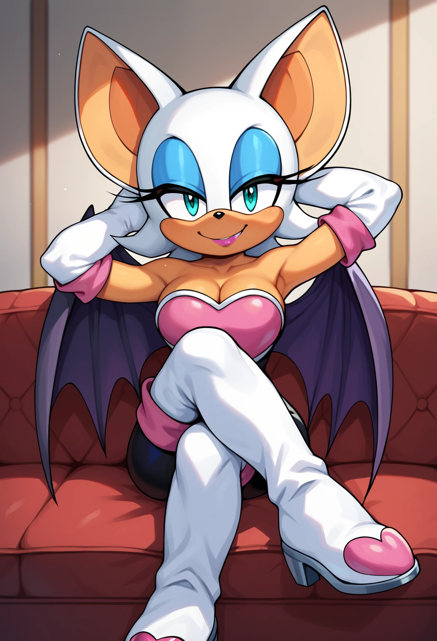 score_9, score_8_up, score_7_up, score_6_up, score_5_up, score_4_up, rouge the bat, (front view), (2D anime style), (short body), anthro furry, orange fur, cyan eyes, bat ears, small tail, orange tail, black bodysuit, cleavage, white sleeve gloves, white sleeve boots, sexy curves, big head, (solo), (sitting on a couch), (crossed legs), (seductive pose), smile, (looking at viewer), (seductive look), (one hand behind head), (living room background)