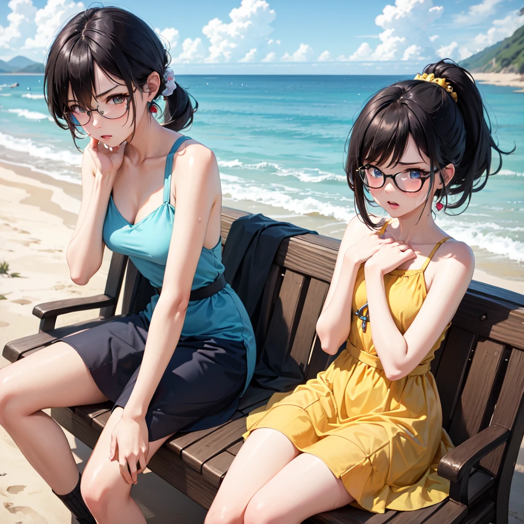 masterpiece, best quality, earrings, transparent, yellow dress, black hair, small breasts, a girl, upper body, hot, sweaty, sitting, ponytail, looking at camera, hands on own chest, ocean, cruiser, sitting, angry, wear glasses