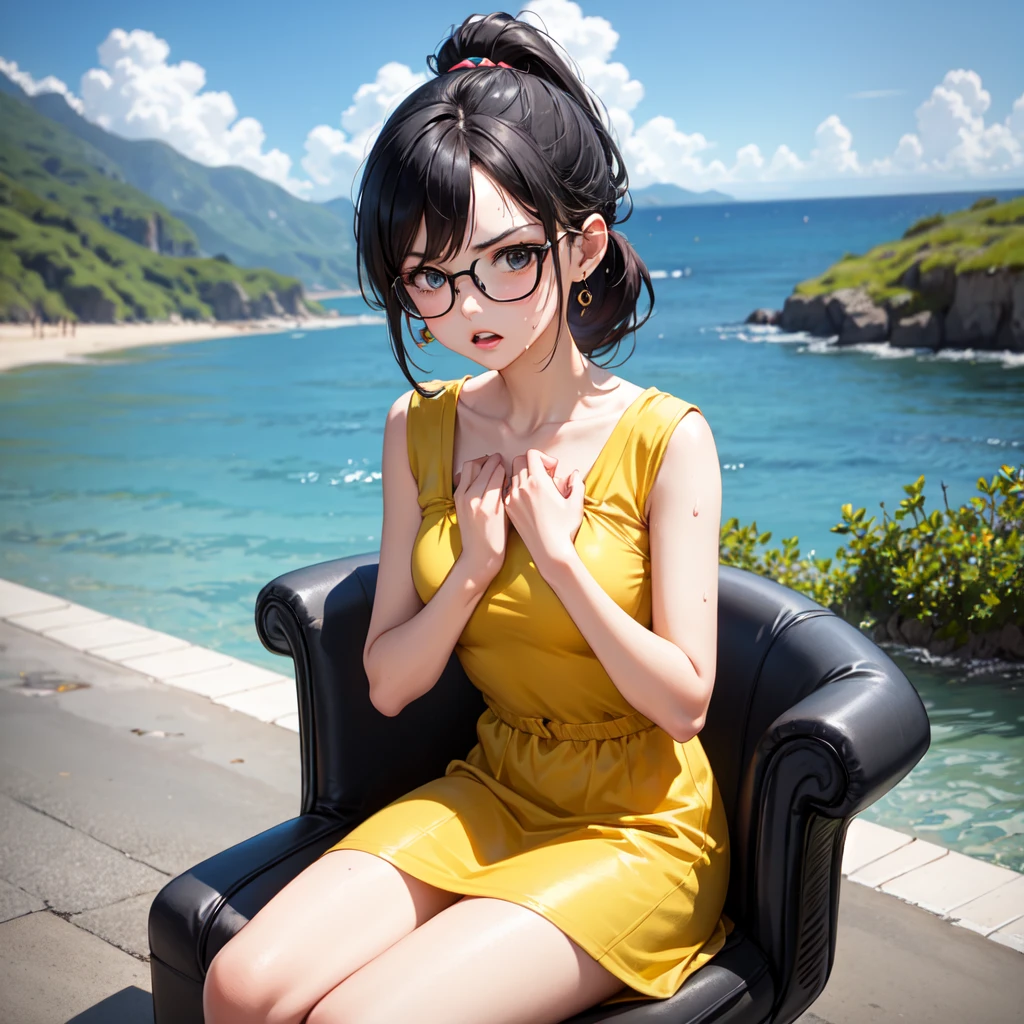 masterpiece, best quality, earrings, transparent, yellow dress, black hair, small breasts, a girl, upper body, hot, sweaty, sitting, ponytail, looking at camera, hands on own chest, ocean, cruiser, sitting, angry, wear glasses