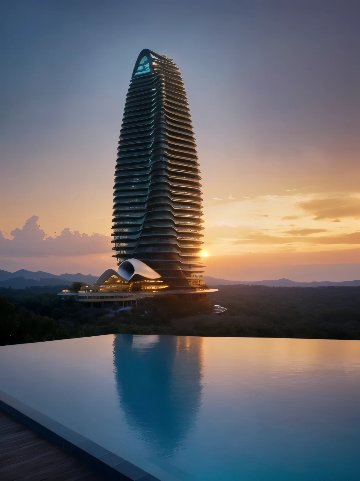 Resort with Zaha Hadid style tower with wood and metal texture, hotel with infinity pool, a twilight with sunset on the farm in high quality, cattle farm, 8k UHD
