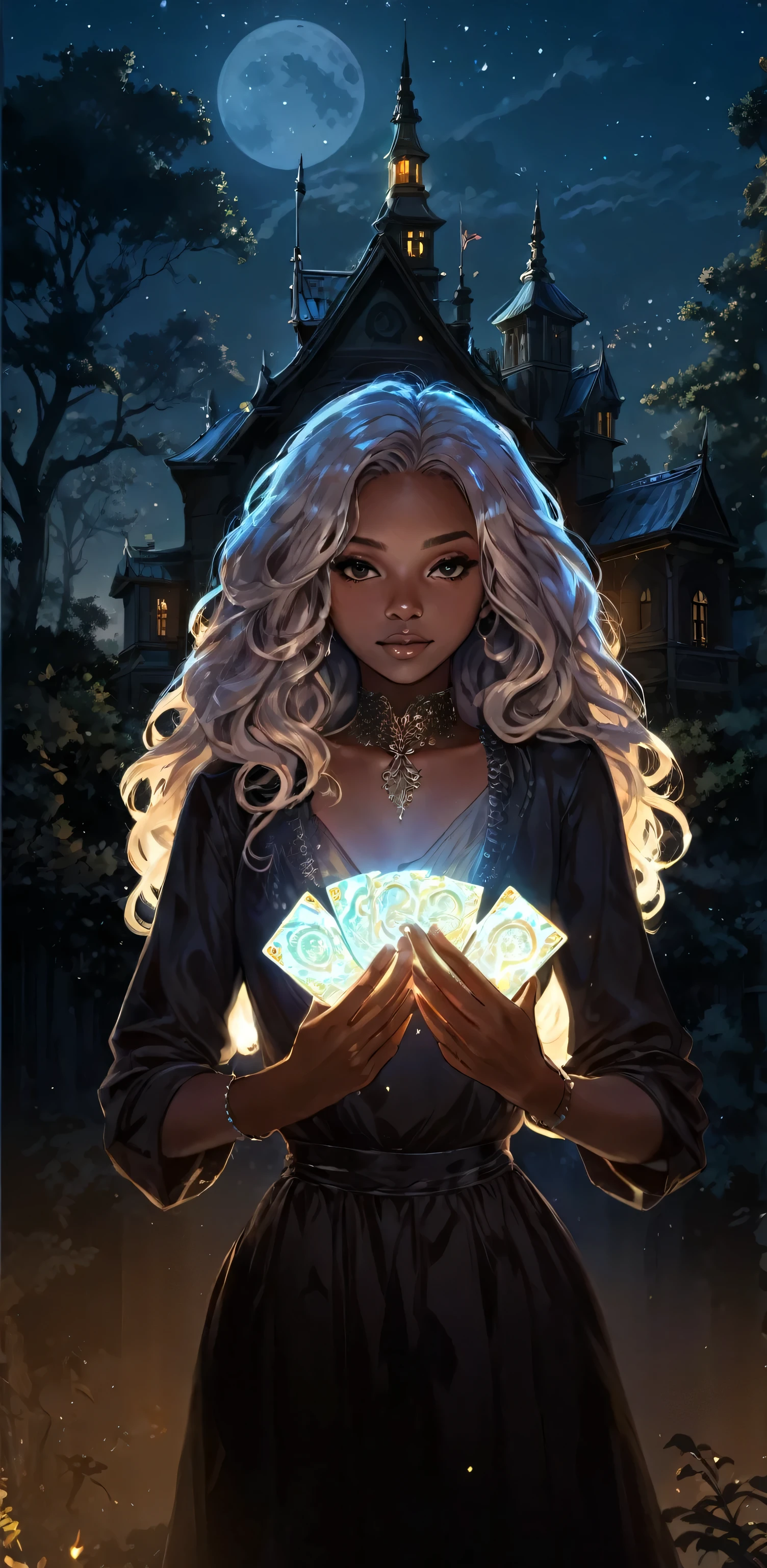 beautiful illustration, ultra-detailed, masterpiece, night, old, mysterious building, trees, afro girl with light wavy hair, holding glowing cards