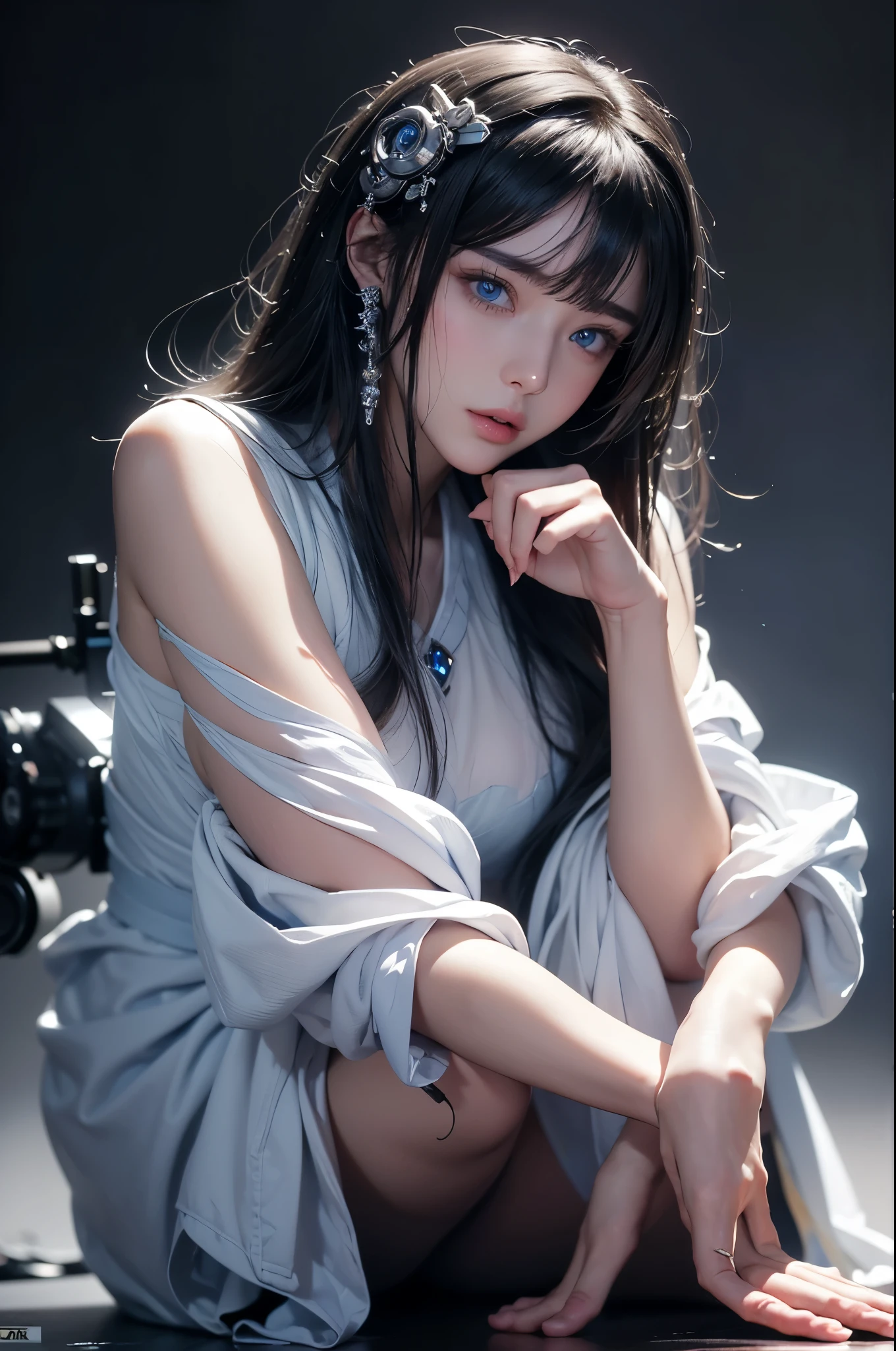 masterpiece, Highest quality, Very detailed, To the camera, 複雑に詳細なVery detailed, Realistic, Sharp features, Very detailed, Sharp focus, Perfect Face, Perfect Face, Perfect symmetry and perfect eyes, Perfect Plump Lips, Flexible female form, Cinematic, Film Light, Very detailed, hyper Realistic, masterpiece, Atmospheric, High resolution, Vibrant, Dynamic Studio Lighting, ((Dark Background)), The expression when enduring pleasure, Straight bangs, blue eyes,Kneeling with hands on crotch、Butt、Sexually aroused expressions、No clothes、NSFW,((top quality、8k、masterpiece:1.3))Wears a silver-white mech,girl with delicate face,Highest image quality,Ultra-clear,Delicate and clear facial features,end of the world,Mechanical arm,Exquisitely detailed mechanical pattern,Cyberpunk characters、numbercity、number、century、throne