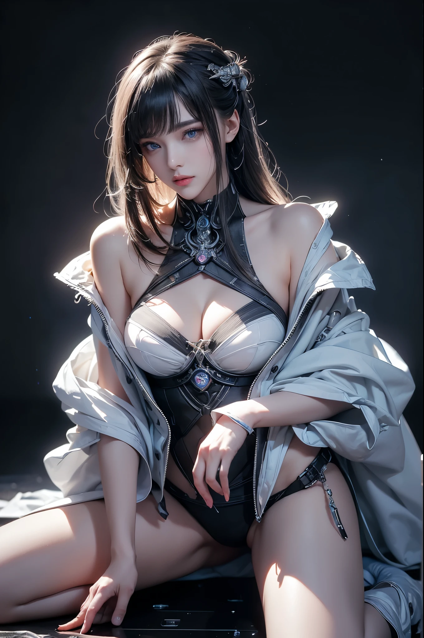 masterpiece, Highest quality, Very detailed, To the camera, 複雑に詳細なVery detailed, Realistic, Sharp features, Very detailed, Sharp focus, Perfect Face, Perfect Face, Perfect symmetry and perfect eyes, Perfect Plump Lips, Flexible female form, Cinematic, Film Light, Very detailed, hyper Realistic, masterpiece, Atmospheric, High resolution, Vibrant, Dynamic Studio Lighting, ((Dark Background)), The expression when enduring pleasure, Straight bangs, blue eyes,Kneeling with hands on crotch、Butt、Sexually aroused expressions、No clothes、NSFW,((top quality、8k、masterpiece:1.3))Wears a silver-white mech,girl with delicate face,Highest image quality,Ultra-clear,Delicate and clear facial features,end of the world,Mechanical arm,Exquisitely detailed mechanical pattern,Cyberpunk characters、numbercity、number、century、throne