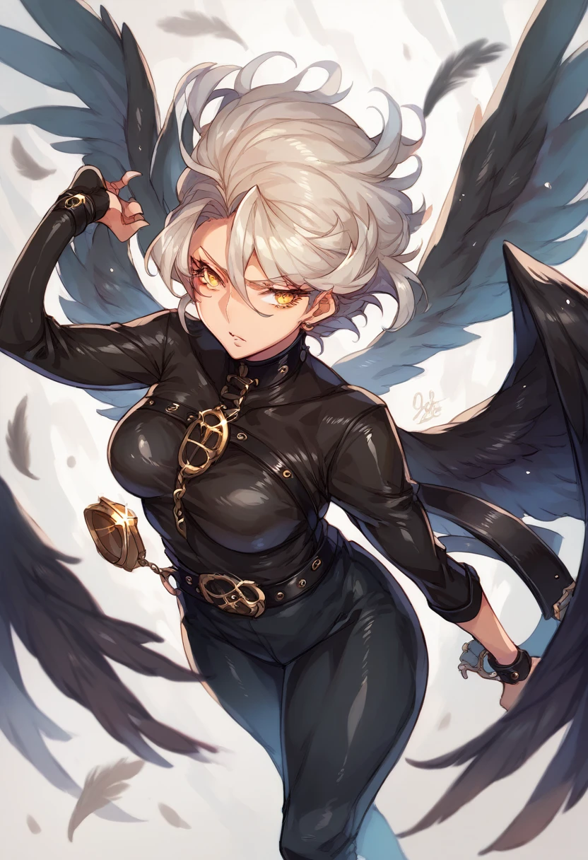 Brunette woman with platinum hair, golden eyes, black wings on the back , black leather clothing.