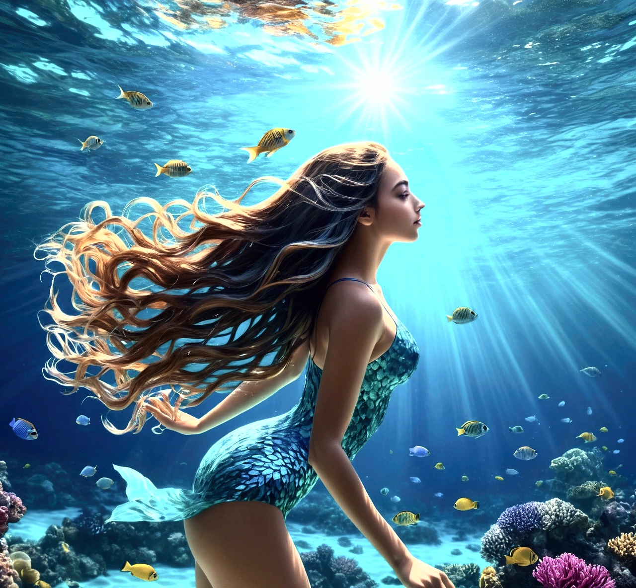 beautiful detailed ocean,underwater seascape,crystal clear water,vibrant blue and teal colors,schools of colorful tropical fish,coral reef,sunlight shimmering on the water,beautiful detailed girl swimming,long flowing hair,graceful underwater poses,realistic photorealistic 8k