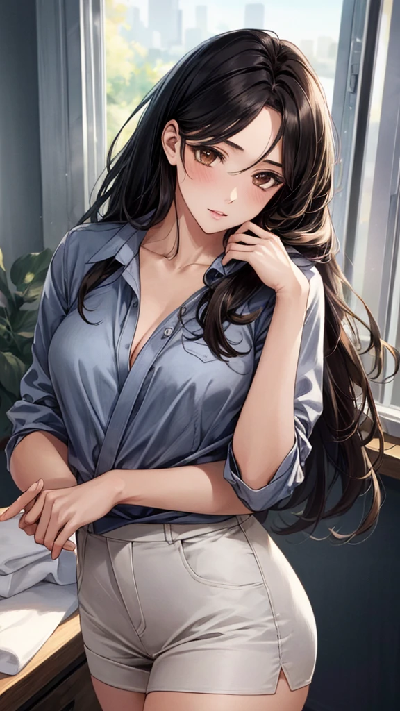 (masterpiece:1.3, Highest quality, Ultra-high resolution, Very detailed), (Realistic, photoRealistic:1.4), Beautiful illustrations, Perfect lighting, Natural light, colorful, Written boundary depth, Surrealism,
Beautiful detailed hair, Beautifully detailed face, Beautiful attention to detail, Beautiful clavicle, Beautiful body, Beautiful breasts, Beautiful thighs, Beautiful legs, Beautiful fingers, Glowing Skin,
View your audience, 1 girl, Japanese, secretary, (Perfect Anatomy, Anatomically correct, Very detailed肌), Cute and symmetrical face, Baby Face, Perfect Face, Perfect Eyes, thin,
(Long Hair:1.8, Straight hair, Black Hair), Swept-apart bangs, Chestnut brown eyes, Slanted Eyes, Long eyelashes,sexy (Mid-chest, Captivating thighs),
((Detailed cloth texture, Office casual with a sense of cleanliness)),
(Beautiful views), noon, (Private room in the office), Are standing, Check today's schedule、(Cute Smile, Upward glance),I like you