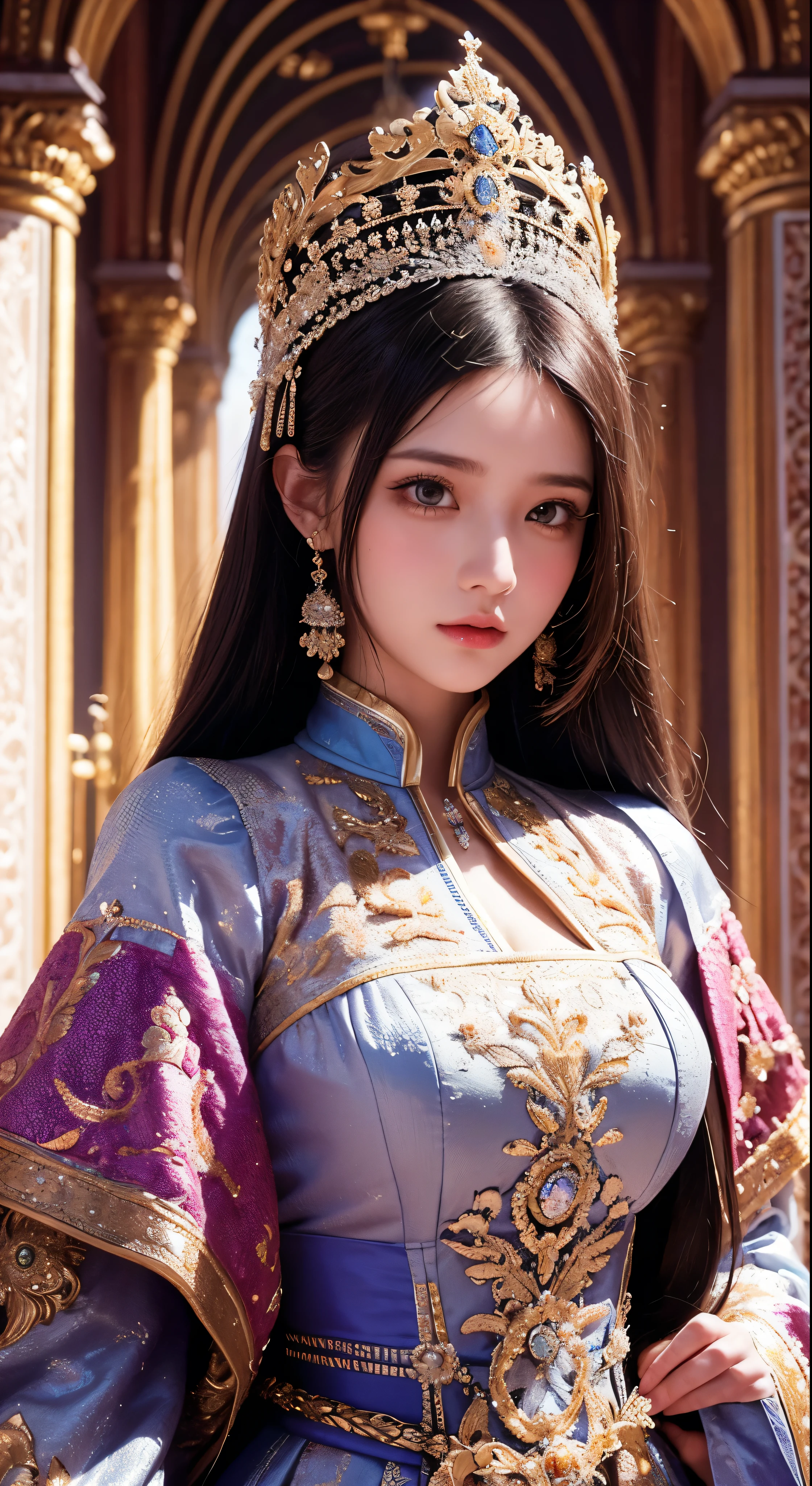 young intricate woman in royal palace, art by Ivan Aivazovsky, wide angle lens f/2.8, ultra insane high resolution intricate textures, texture indentation, perfect perspective, perfect geometry, ultra insane ambient lighting, ultra insane ambient shadows, luminism, ultra detailed busy background, tessellation, maximalism, perfectionism, IPA Award wining masterpiece,