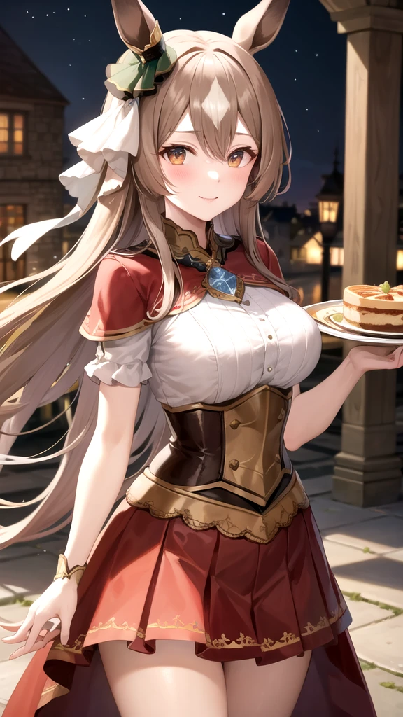 masterpiece, best quality, highres, {{8k}},
BREAK,
aasato, long hair, half updo, braid, hair between eyes, animal ears, ear ornament, medium breasts, plate armor, long red skirt, cowboy shot, shy smile, blush, cute, wide hips, busty,
BREAK,
outdoor, castle,