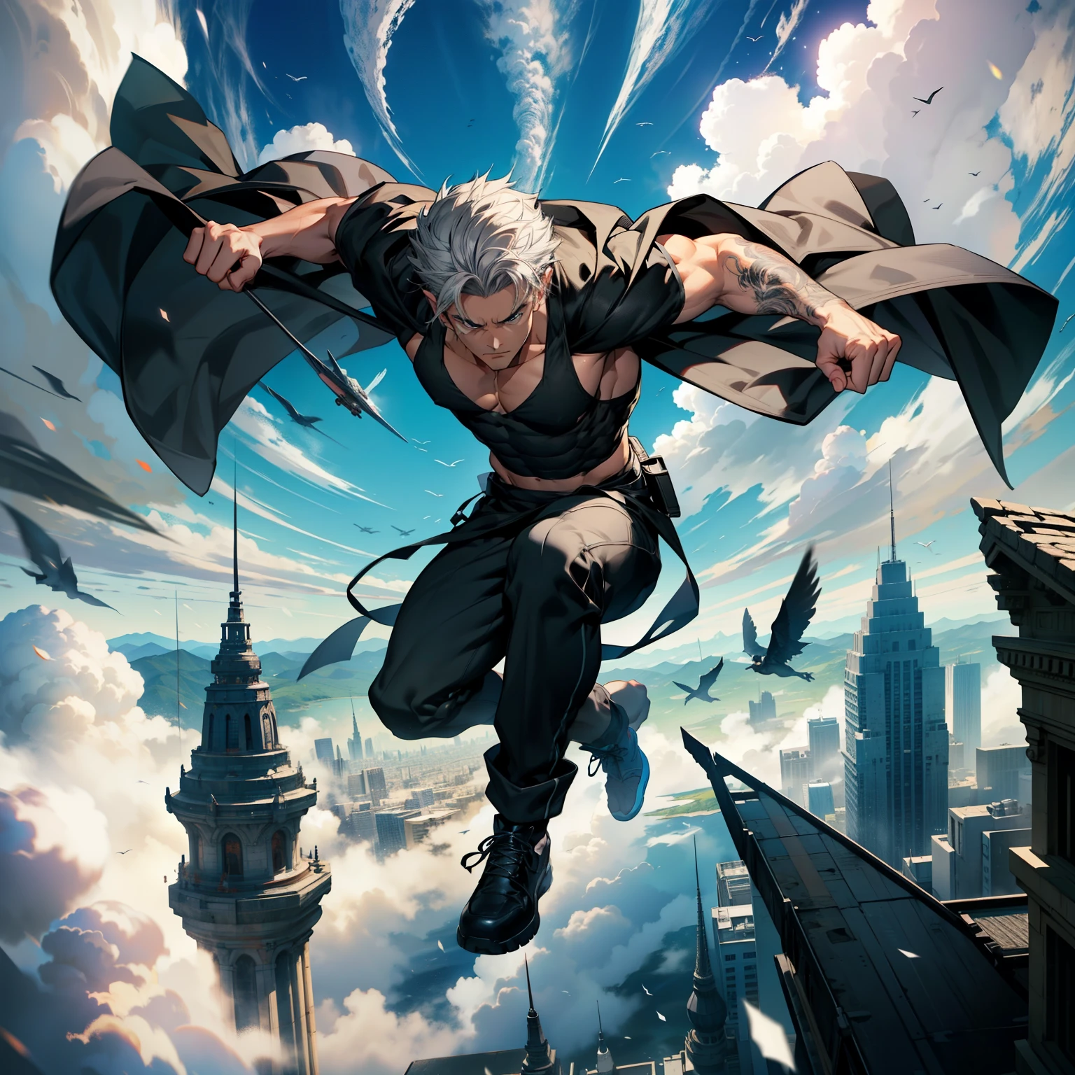 boys 26 Years old, Serious face, muscular, ((black singlets)), black pants, gray hair, flowing capes, floating on air, levitate on sky, blue sky, cloud