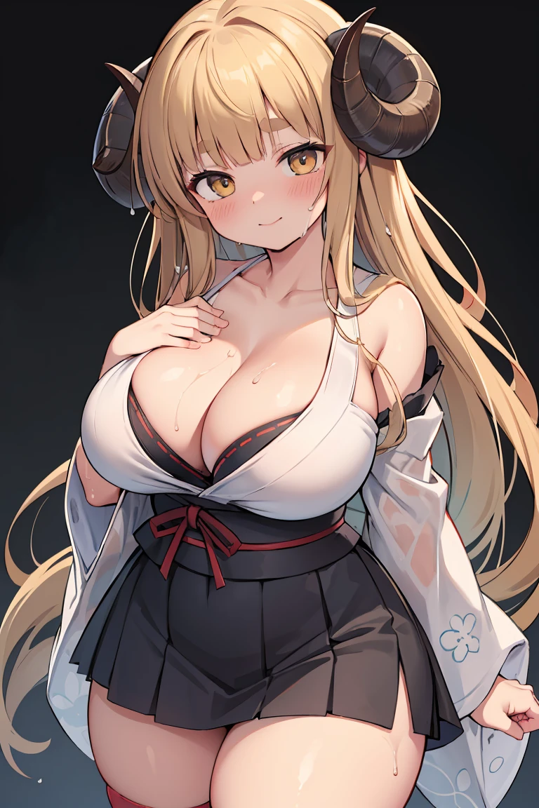 (masterpiece, high quality, 最high quality, High resolution, Detailed CG,Beautiful attention to detail, Super Resolution, Written boundary depth), Looking at the audience, Looking down, (Facial expressions that make her cheeks blush:1.2), (smile:1.2), (Erotic expressions:1.0), Five Fingers, Good composition, Curvy, (Simple yukata:1.0), (White yukata:1.0),(flip up the yukata),(Short skirt), Thick thighs, thick, Large Breasts, Huge breasts, Wet, Dark Background, Blur the background,They said,One of the sheep