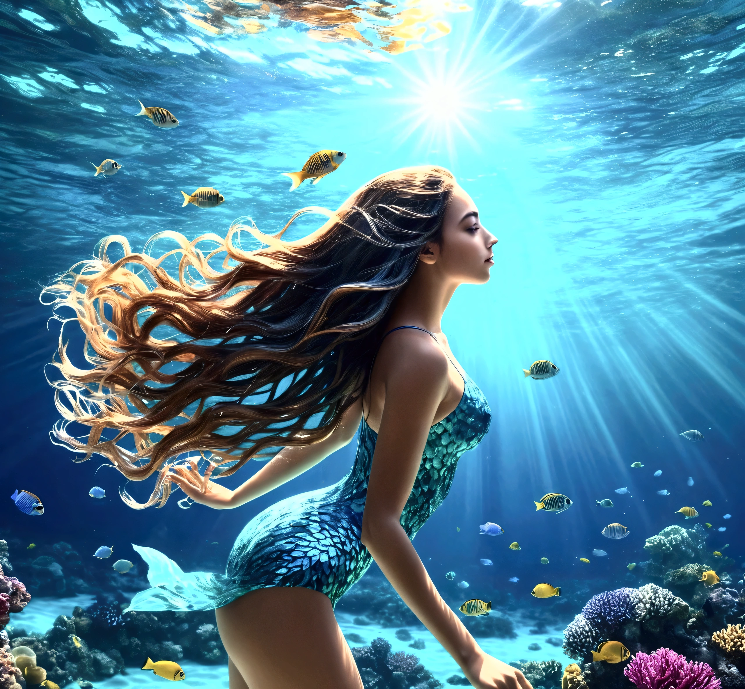 beautiful detailed ocean,underwater seascape,crystal clear water,vibrant blue and teal colors,schools of colorful tropical fish,coral reef,sunlight shimmering on the water,beautiful detailed girl swimming,long flowing hair,graceful underwater poses,realistic photorealistic 8k